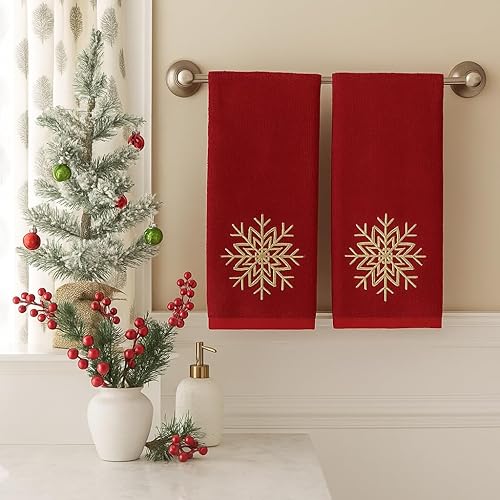 Miniatura 137 de Juego de 2 toallas de mano de baño de Navidad, color gris oscuro, 100% algodón, bordadas, diseño de copos de nieve, 16 x 25 pulgadas, toallas 24 Let