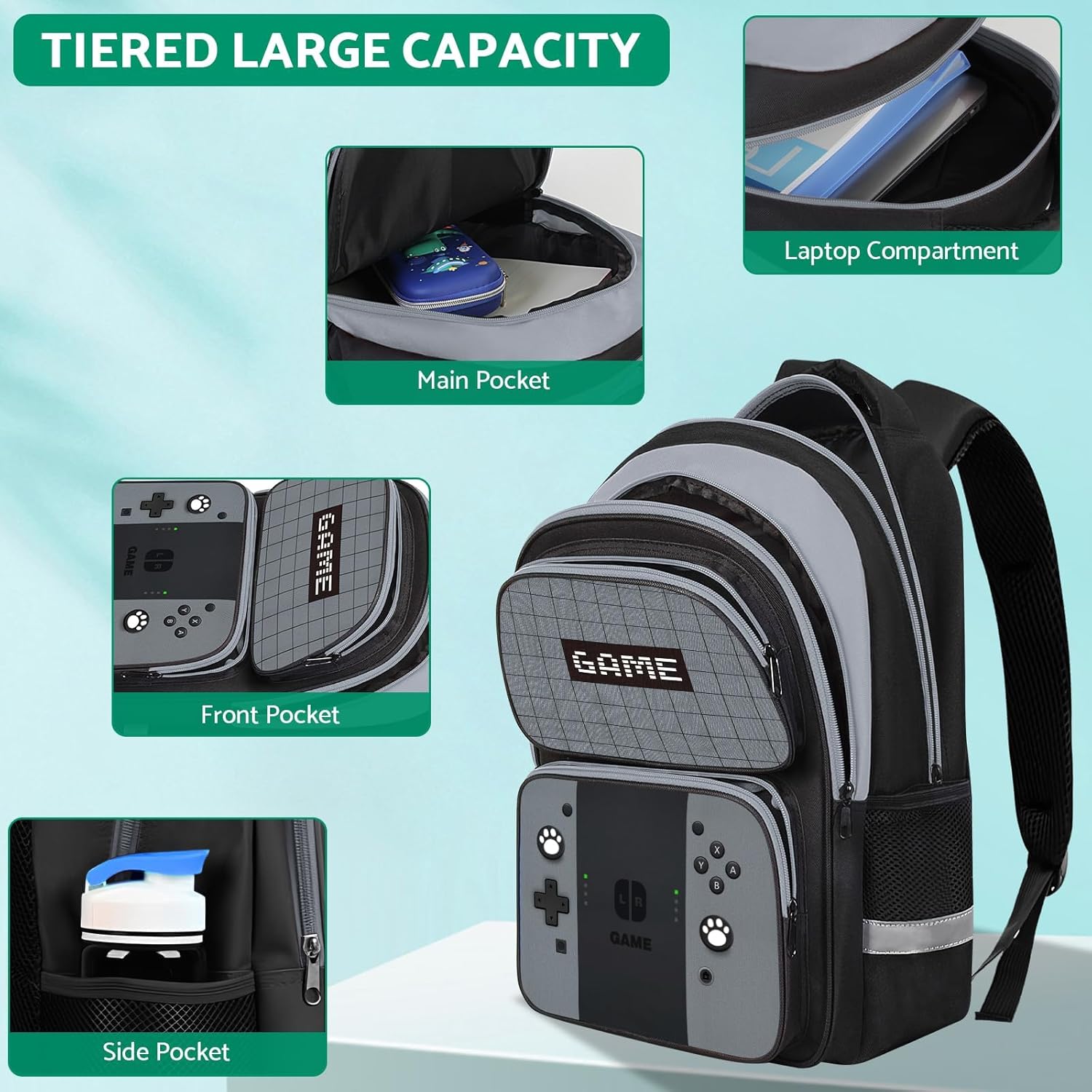 Kids Backpack For Boys，Gamer Boys Backpack For Children Teens Elementary Middle School, 17″ Students Bookbag - Image 5