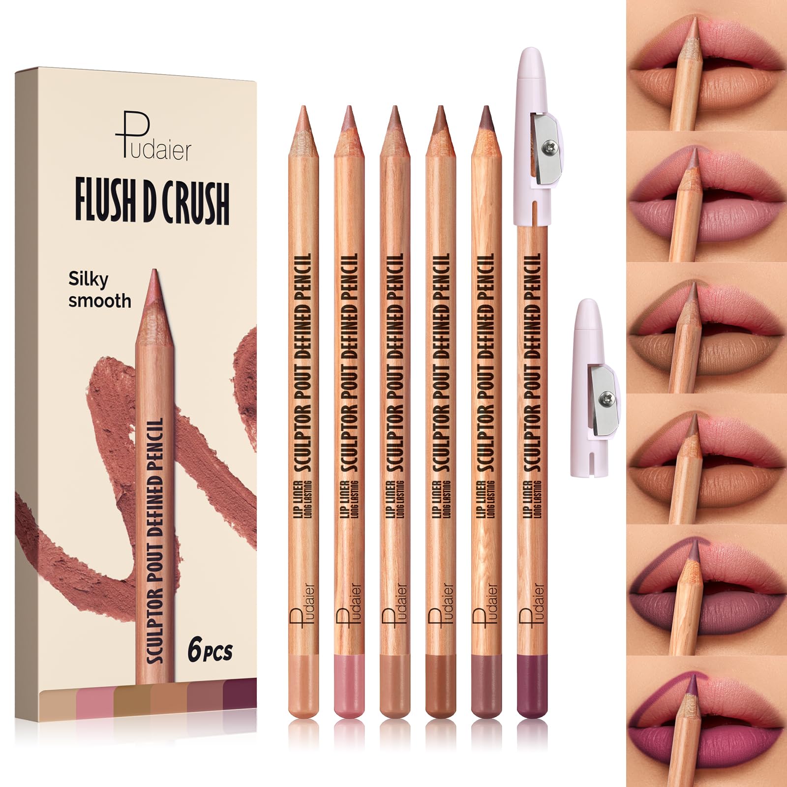 Pudaier 6 Colors Lip Liner Pencil, Nude-Pink Nude LipLiner for Defined Lips Nude-Pink Set 1 Count (Pack of 6)
