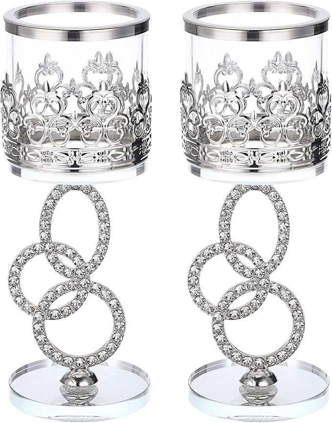 OwnMy Set of 2 Silver Crystal Glass Tealight Candlestick Holders Pillar