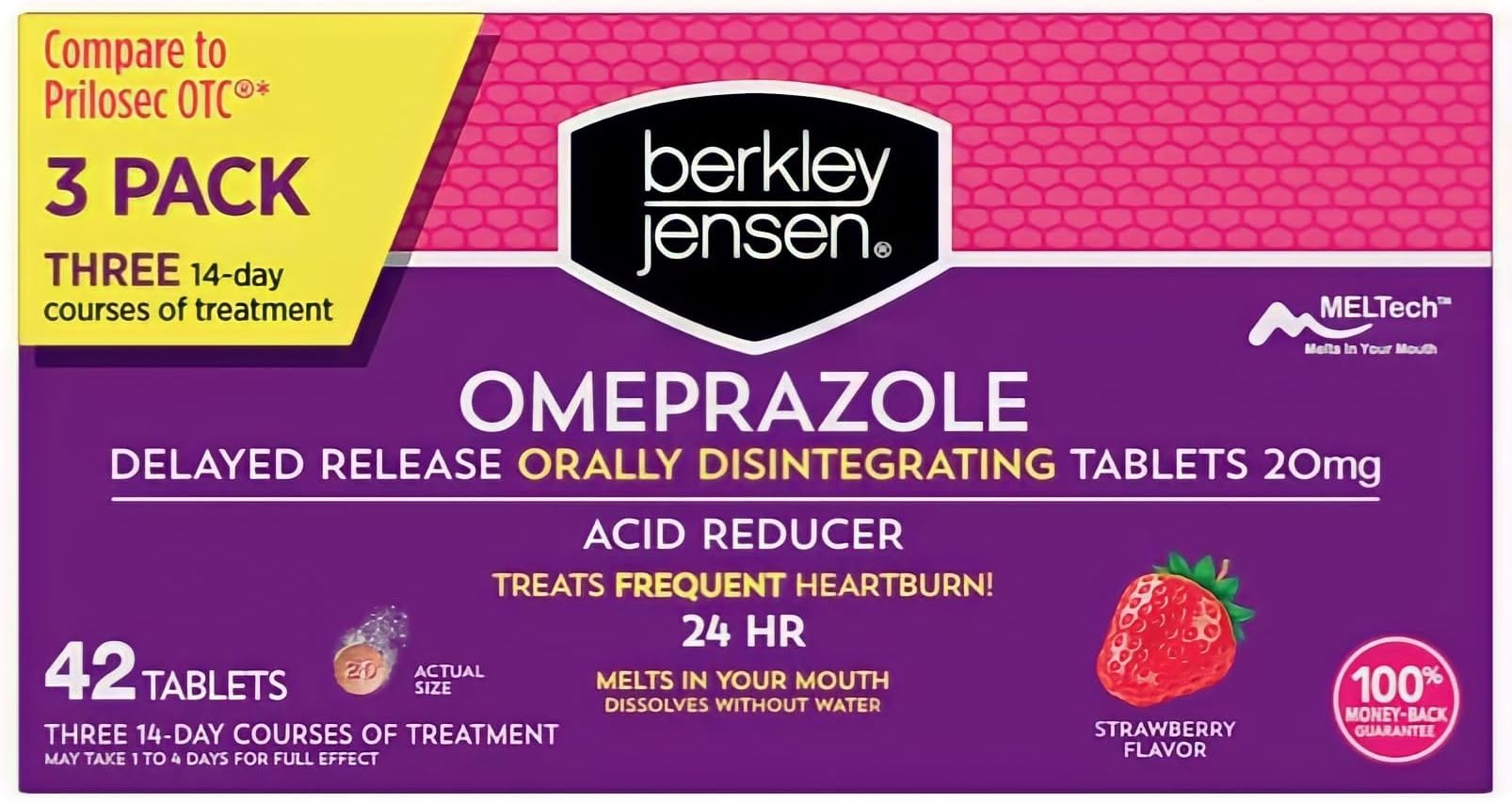 Berkley Jensen Omeprazole 20 mg, Delayed Release Dissolving Acid Reducer Pills - 3 x 14-Day Regimen, 24-Hour Effect - Heartburn Relief, Eases Acid Reflux - Strawberry Flavor 42-Count