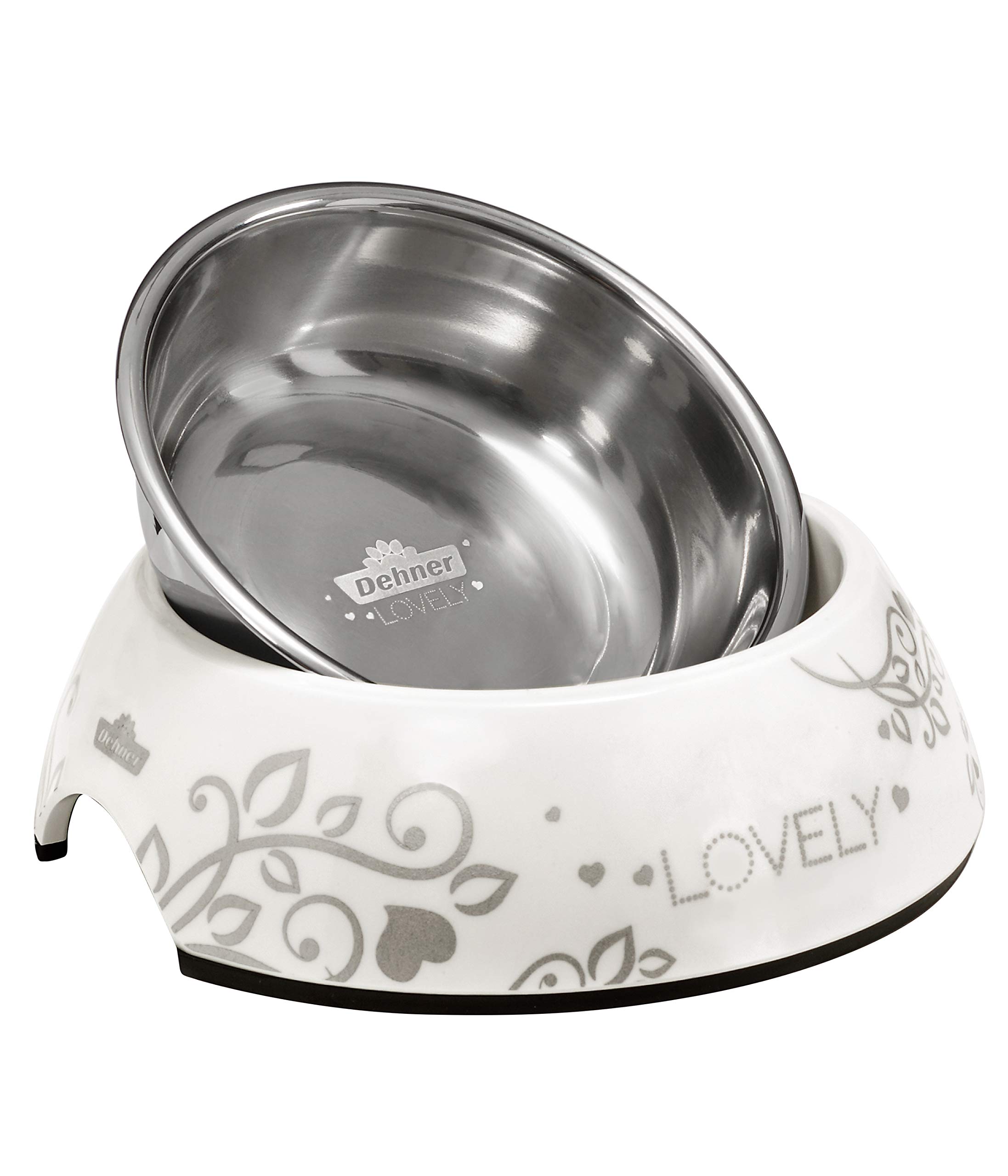 Dehner Premium Lovely Cat Bowl, Diameter 14 cm, Height 4.7 cm, 160 ml, Dishwasher Safe, Melamine/Stainless Steel/Rubber, White