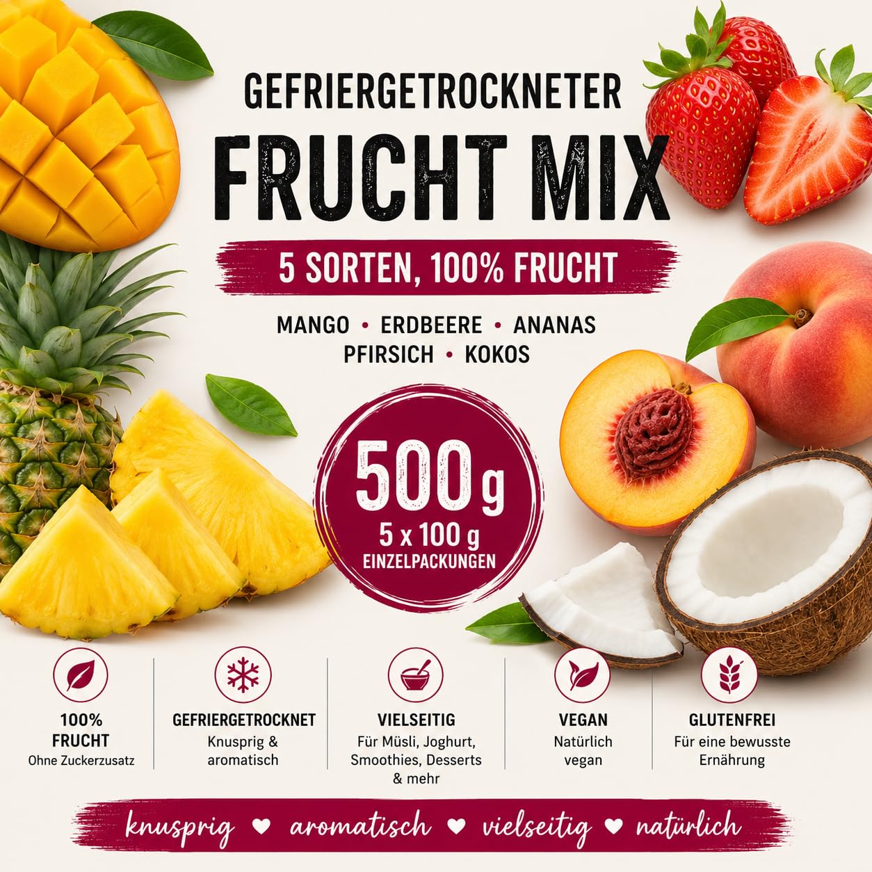 Lyopro Gefriergetrockneter Fruchtmix 500 g (5 × 100 g) – Mango, Erdbeere, Ananas, Pfirsich & Kokos – 100% Frucht, Ohne Zuckerzusatz, Vegan, Glutenfrei