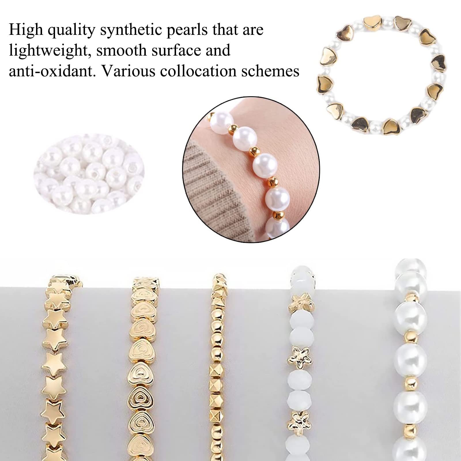 Kit 1240 Perline Per Braccialetti Fai Da Te - Perle Artificiali Bianche E Dorate 4-12mm - Foto 9