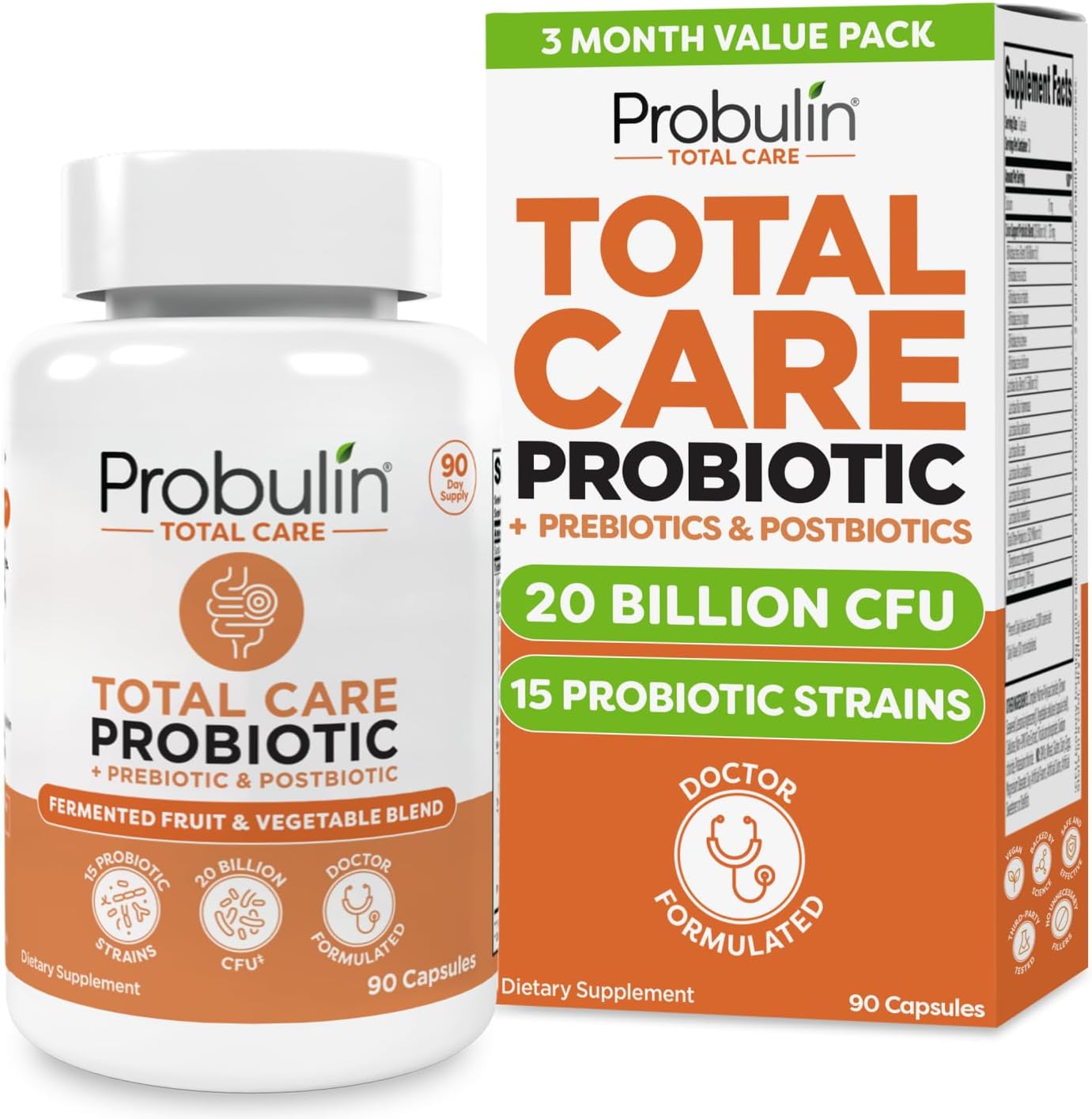 Total Care Probiotic Supplement, Daily Gut, Digestive, and Immune Health Probiotics Capsules for Men and Women, 20 Billion CFU, Vegan, 90 Count Bottle