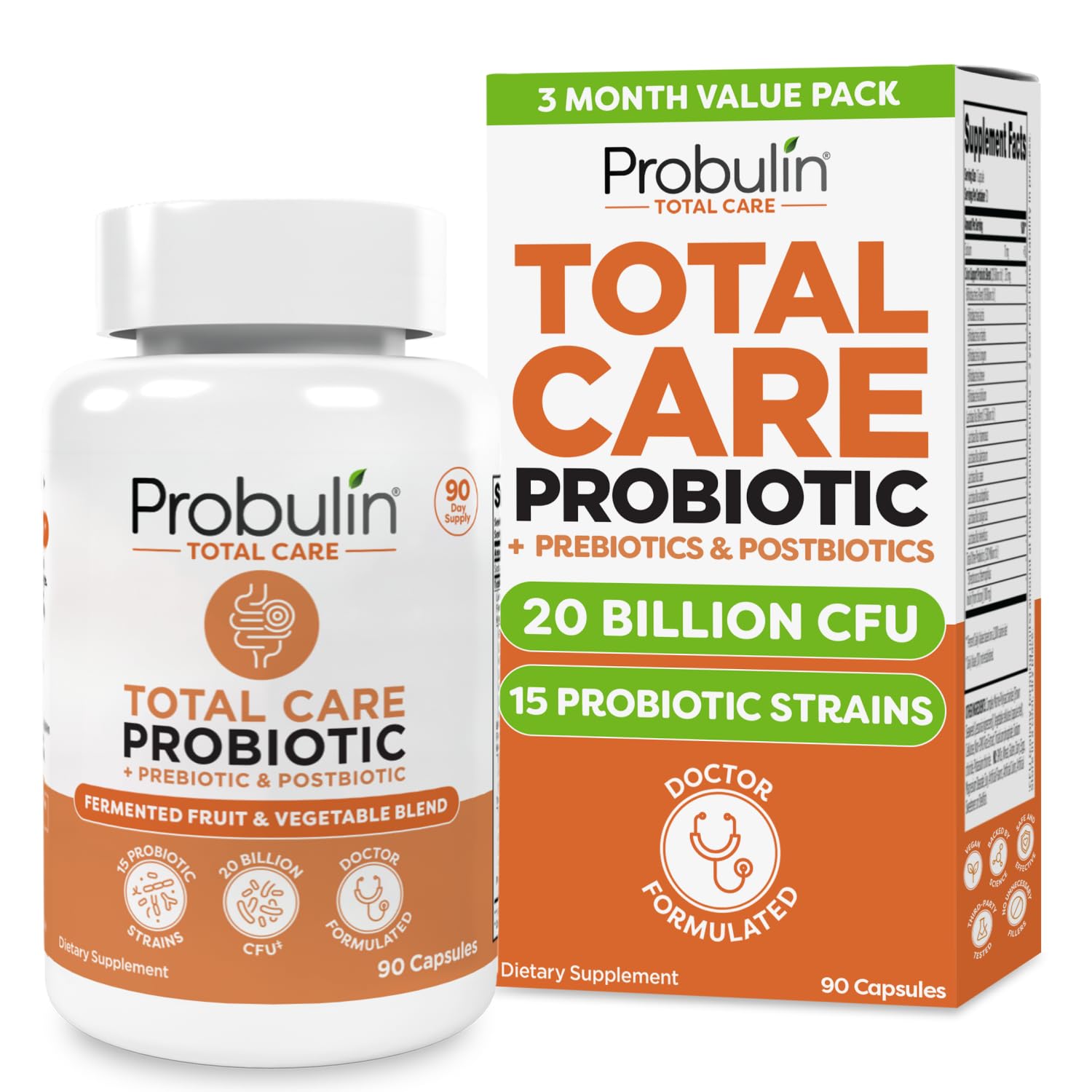 Probulin Total Care Probiotic Supplement, Daily Gut, Digestive, and Immune Health Probiotics Capsules for Men and Women, 20 Billion CFU, Vegan, 90 Count Bottle