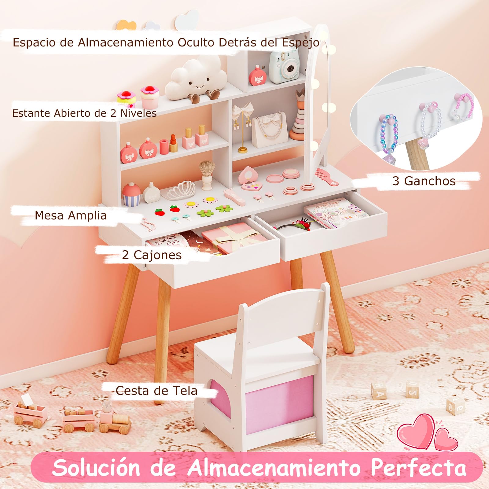 COSTWAY Tocador de Maquillaje Niña, Tocador Niña Madera con Espejo Iluminado, Estantes Abiertos y Cajones de Almacenamiento, Juego de Mesa de Maquillaje Estilo Conejito para Niños de 3+ Años (Blanco)