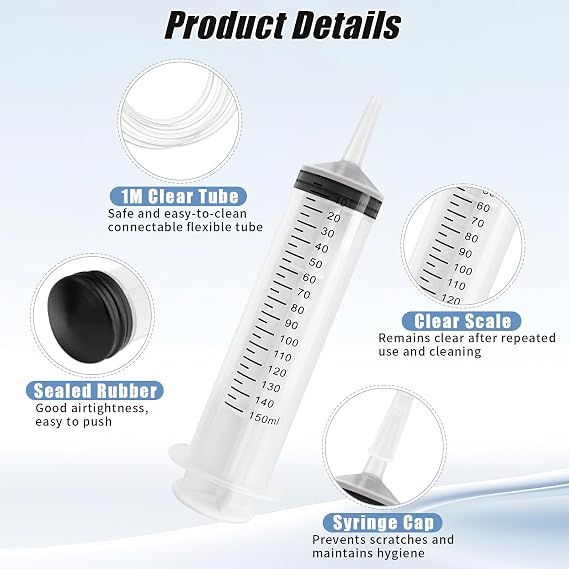 2 Pcs 150ml Large Capacity Plastic Syringe with Tubes, Reusable