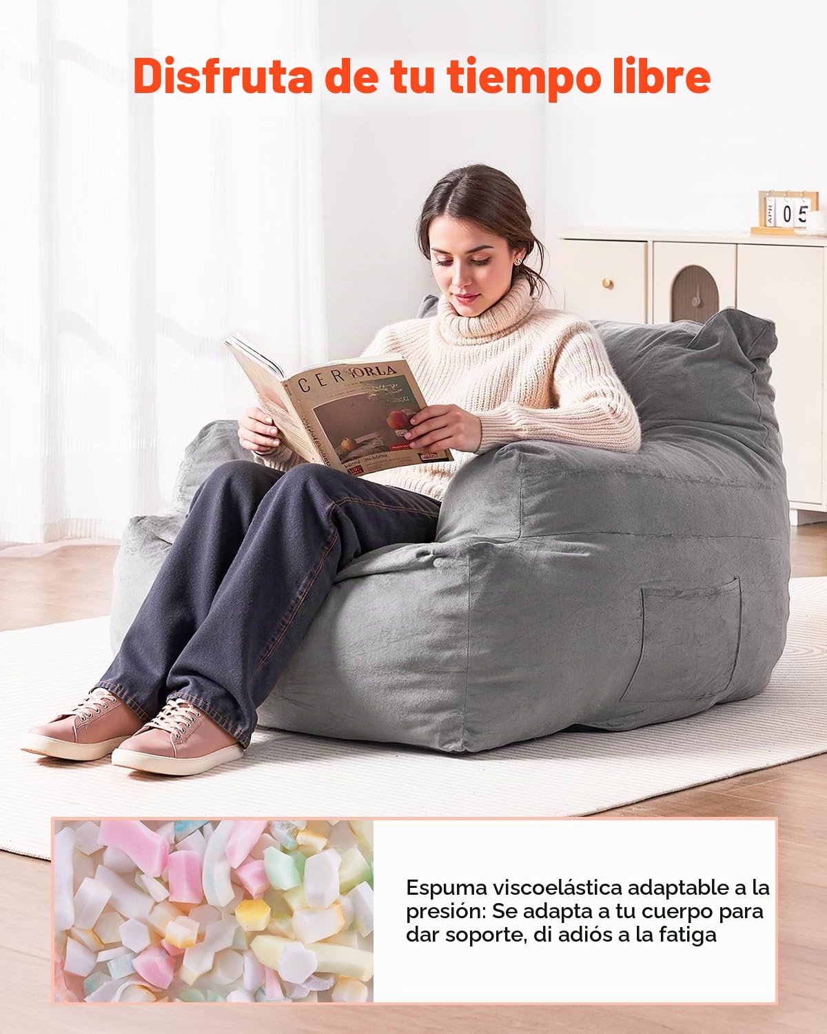 VEVOR Sillón Puff 1118 x 1143 x 780 mm con Reposabrazos para Adultos, Relleno de Felpa Esponjosa y Espuma de Alta Densidad, Sillón Puff para Adultos con Zapper para Sala de Estar, Dormitorio, Gris