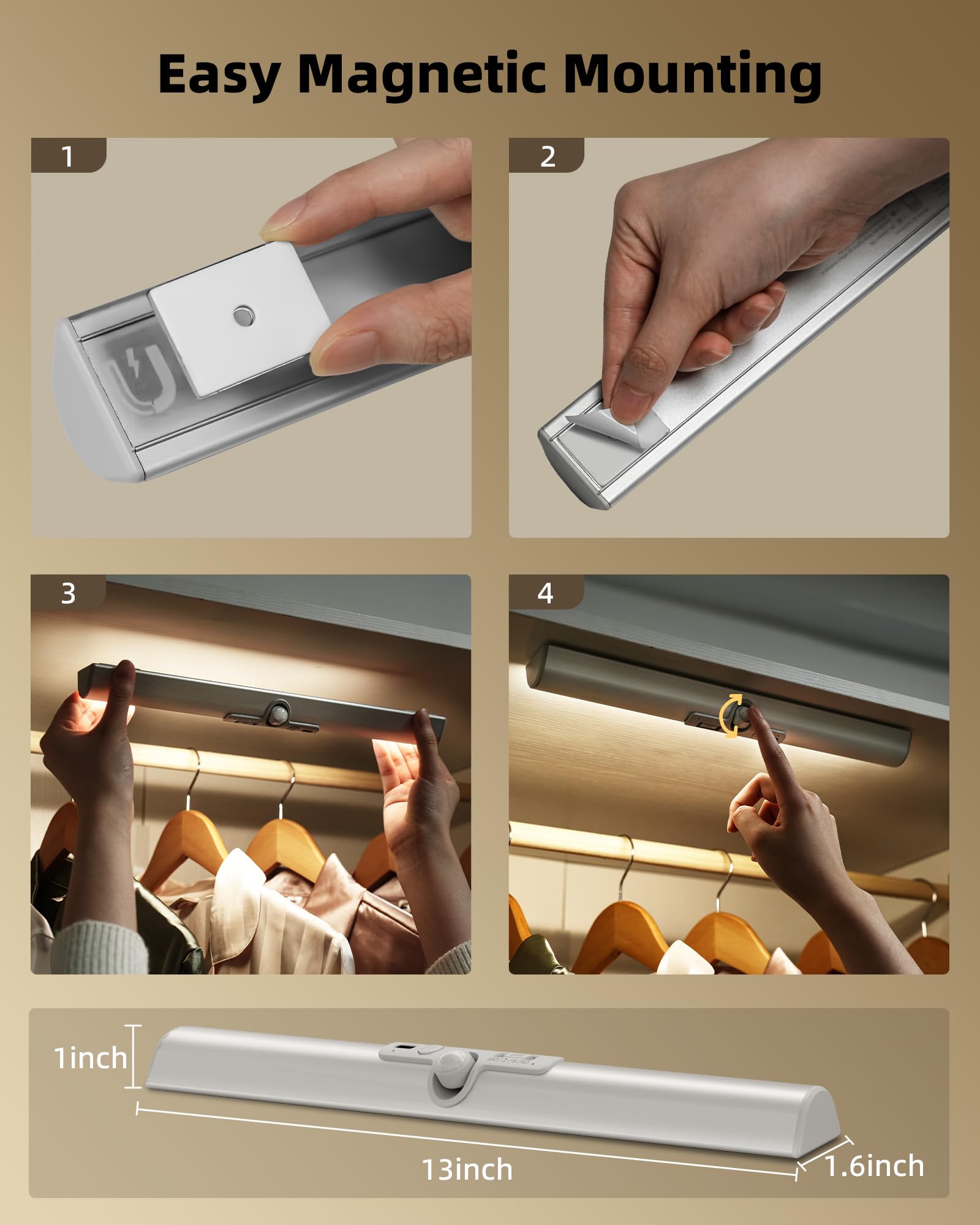EZVALO 33cm Kleiderschrank Beleuchtung Kabellos mit Bewegungssensor, 1800mAh Wiederaufladbar Led Schrankbeleuchtung, 3 Lichtfarben & Dimmbare für Badezimmer, Spiegel, Garderobe, 1 pack
