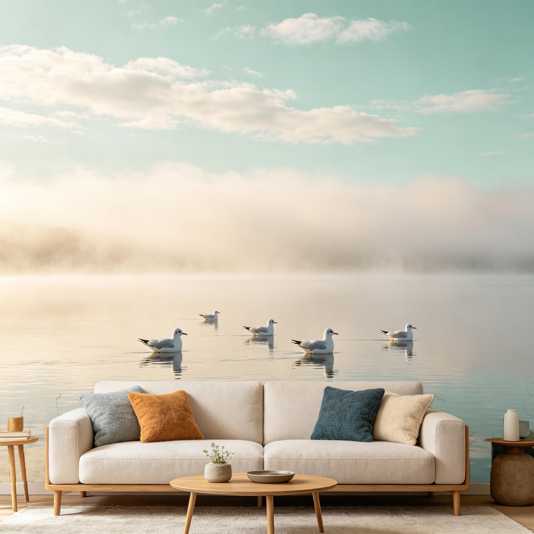 Custom Size Wall Mural Minimalist Coastal Ocean Lake Mist Seagulls Scenic Nature SelfAdhesive Art Prints wall Fabric（No PVC） Removable Wallpaper Home Bedroom Decor