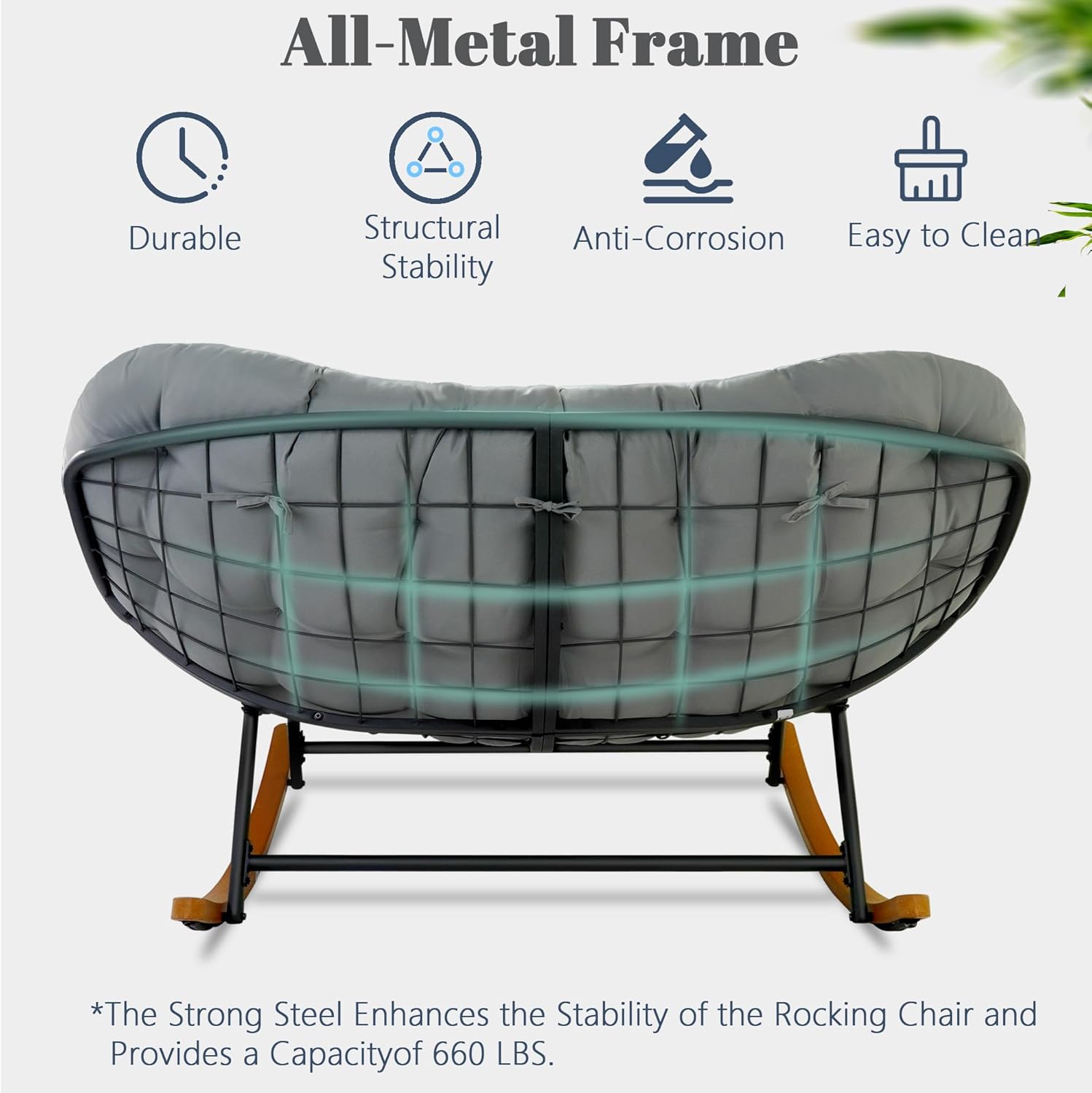 Double Papasan Patio Rocking Chair for Two, Oversized Outdoor Loveseat with Thick Removable Cushion, Modern 60" Wide Metal Frame for Indoor, Balcony, Garden.Grey