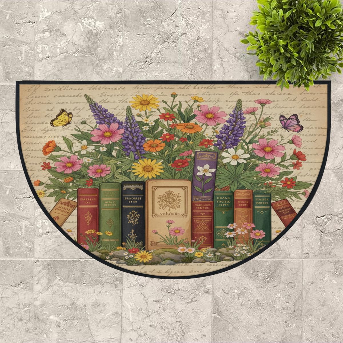 Große halbrunde Fußmatte – Bücher Blumen waschbar rutschfest halbrund Eingangsbereich Teppich – niedlicher, weicher, halbrund, saugfähiger Teppich für Küche, Badezimmer, Schlafzimmer, 160 x