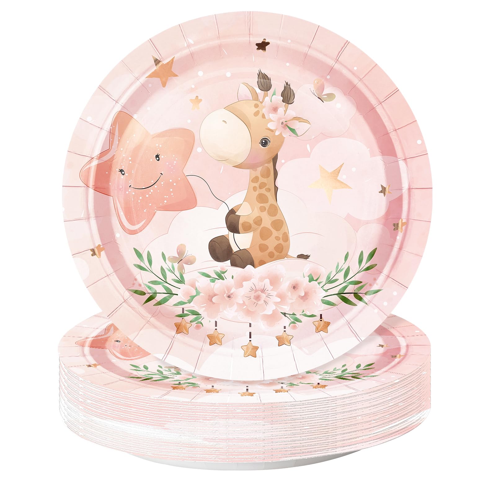 WRAPAHOLIC 25Pcs Baby Girl Paper Plates - 9 Inch Adorable Giraffe Disposable Plates Decorative Dinner Plates for Party Tableware Supplies Table Decor
