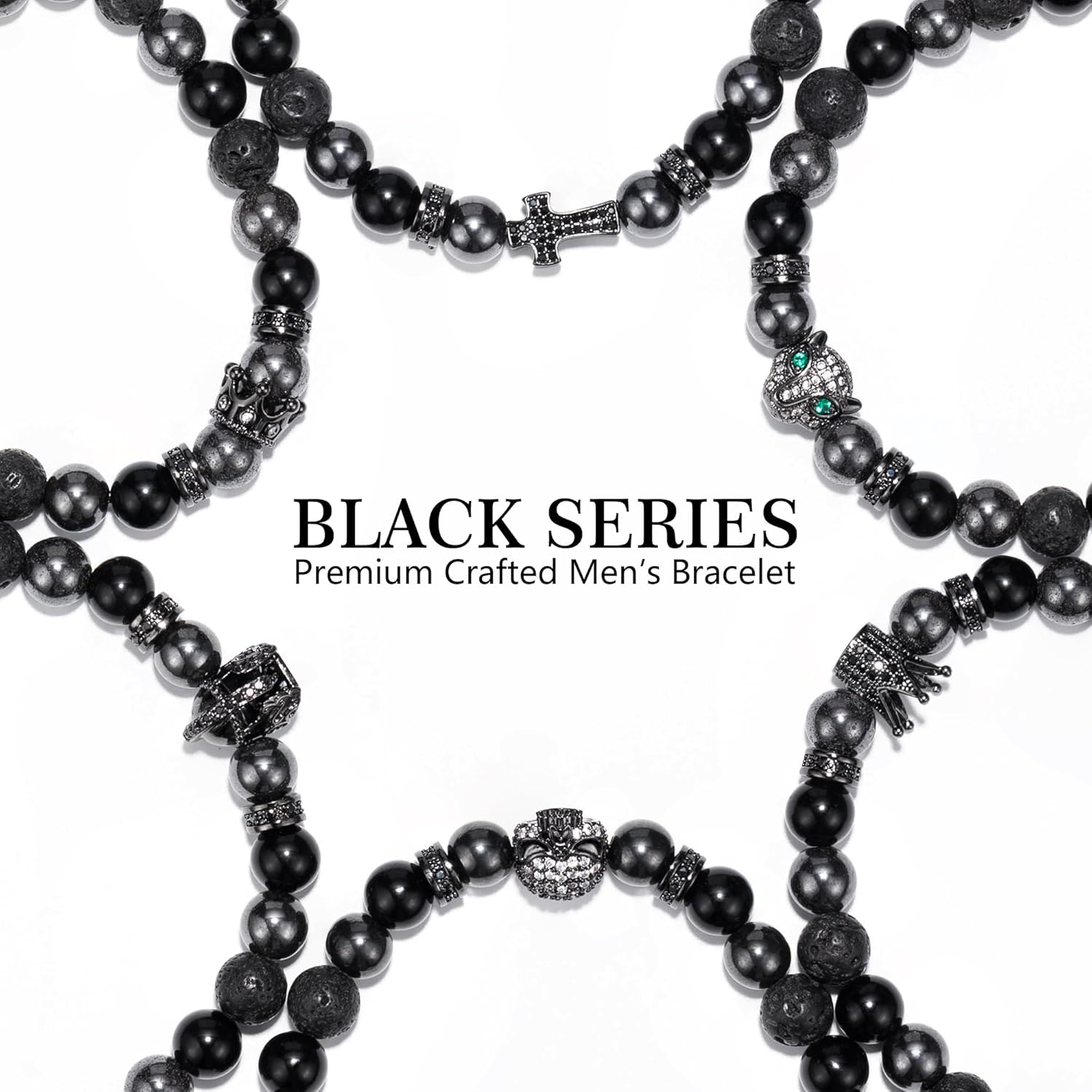 Hematite Bracelet for Men, Ideas gift for men unique, Black Series Design Natural Stone Beaded Bracelets, Mens Bracelet Set 8MM, Best Birthday/Christmas Gifts for men accessories, Emo Beads bracelet, Tiger Eye Stone Lava Rock Black Obsidian Link Bracelet - Image 7