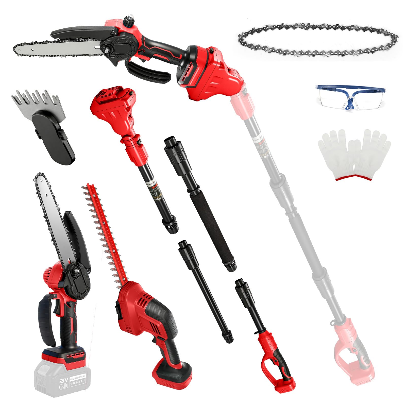 6 en 1 Minisierra de Cadena 8" y Cortasetos para Milwaukee 18V(sin batería | Roadtime Podadora telescópica mini motosierra de podar, cortador de setos, adecuado para jardín, árboles y arbustos
