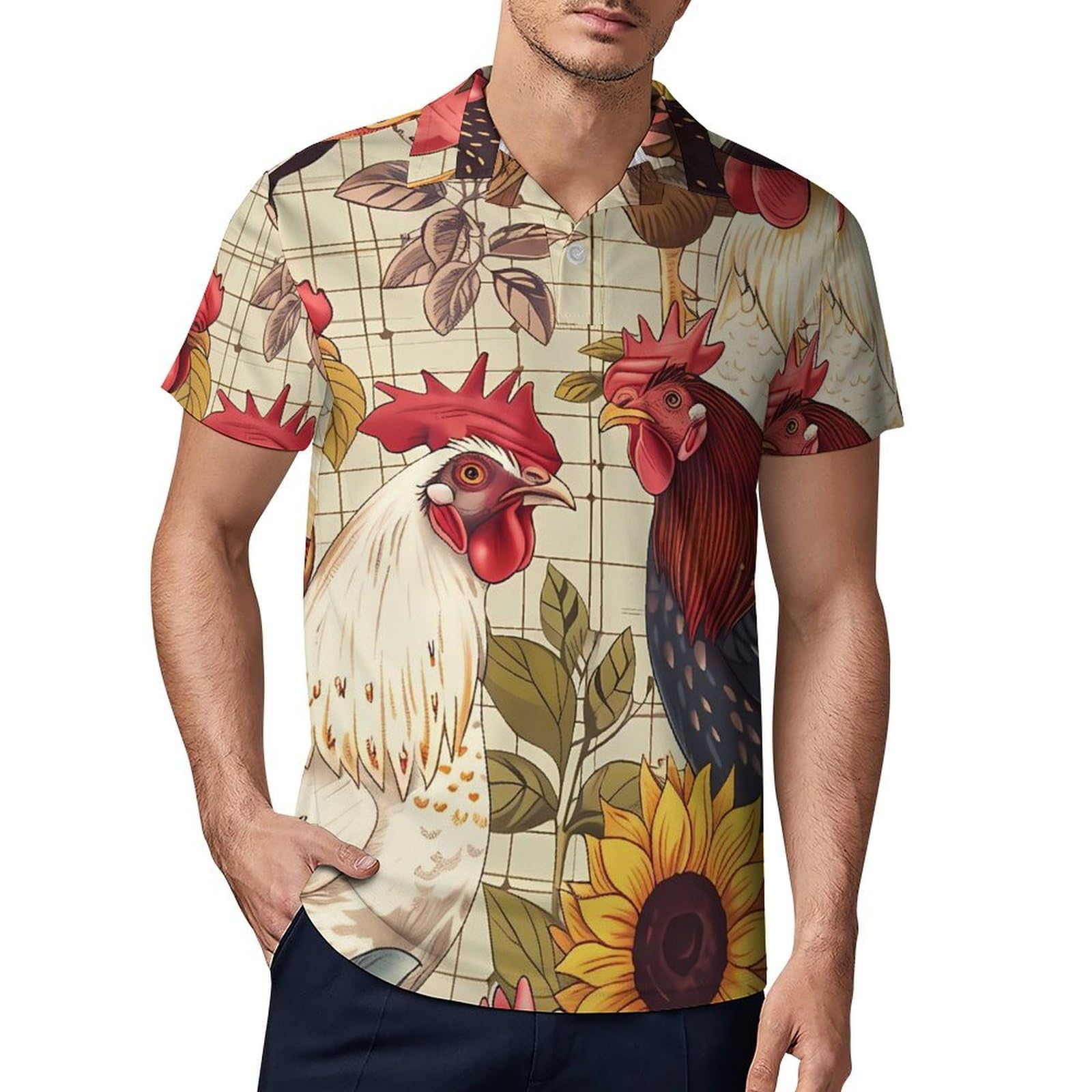 Farmhouse Chickens Sunflowers Novelty Men's Short Sleeve Shirts Funny Golf Tennis Work T-Shirt Sport Tee 2XL
