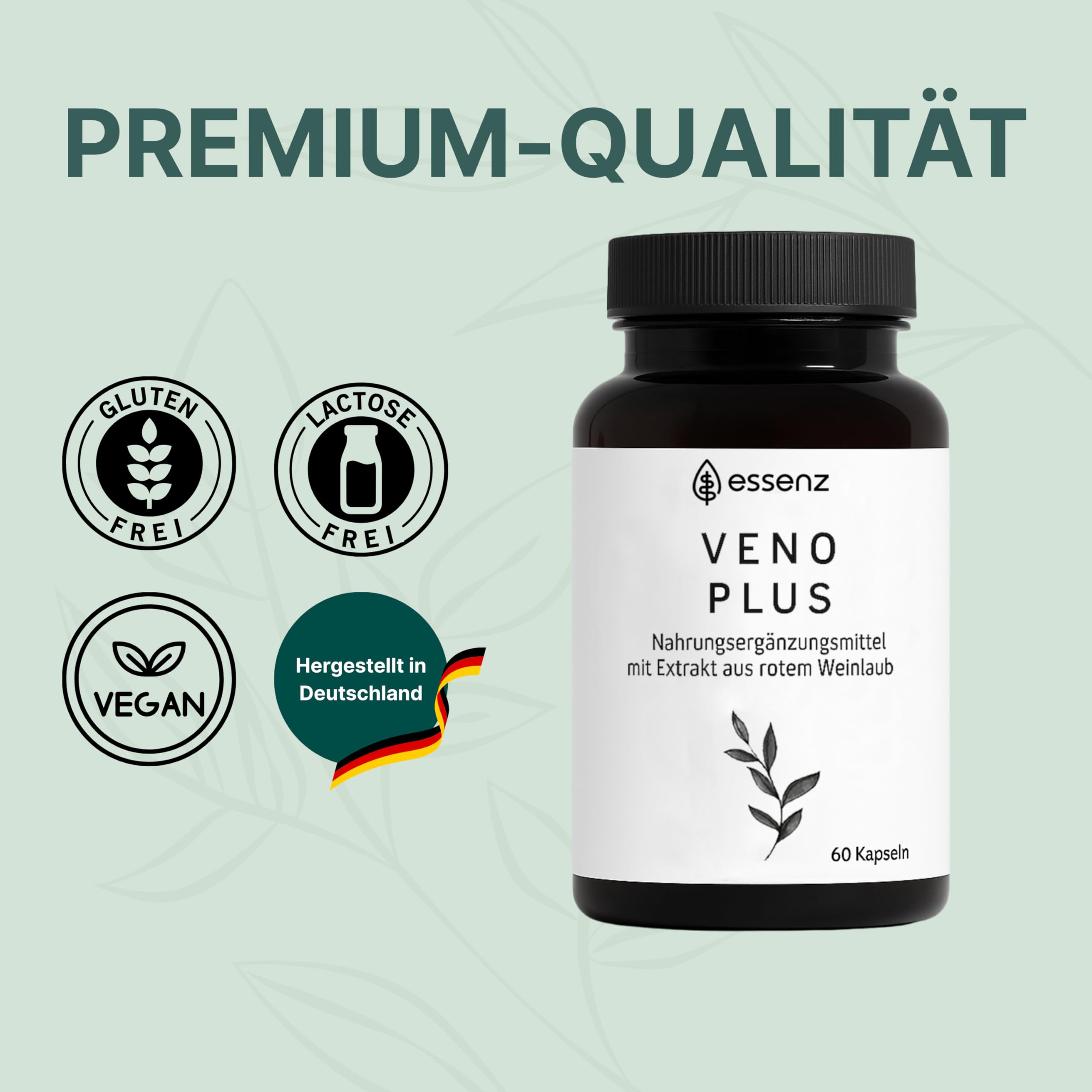 ESSENZ – Veno Plus 2 x 60 Kapseln – Nahrungsergänzungsmittel mit pflanzlichen Extrakten (Rotes Weinlaub, Steinklee, Hamamelis, Tigerkraut, Traubenkern) – vegan & glutenfrei, made in Germany