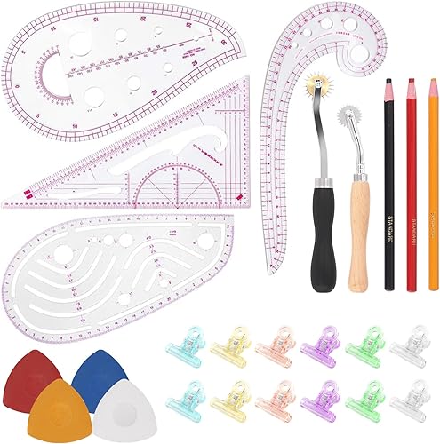 Swpeet Kit de regla de costura métrica transparente de 33 piezas con triangular, curva, regla de coma, clips de plástico de varios colores, tiza