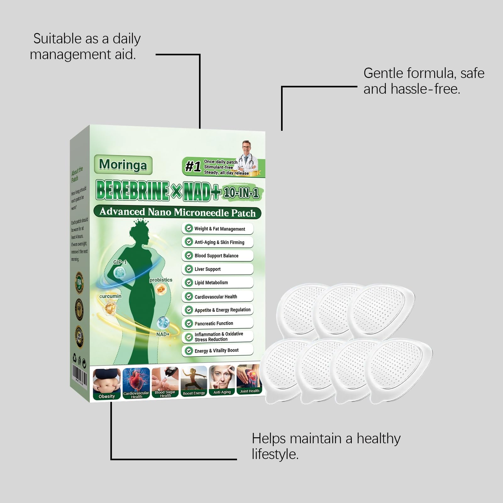 4 Cajas Moringa x Berberine Patch 10 en 1, Parche Avanzado de Nano Microagujas, Ingredientes Naturales, Parche de Metabalance Profesional, Fácil de Aplicar, para Hombres y Mujeres (4 Cajas) — view 7