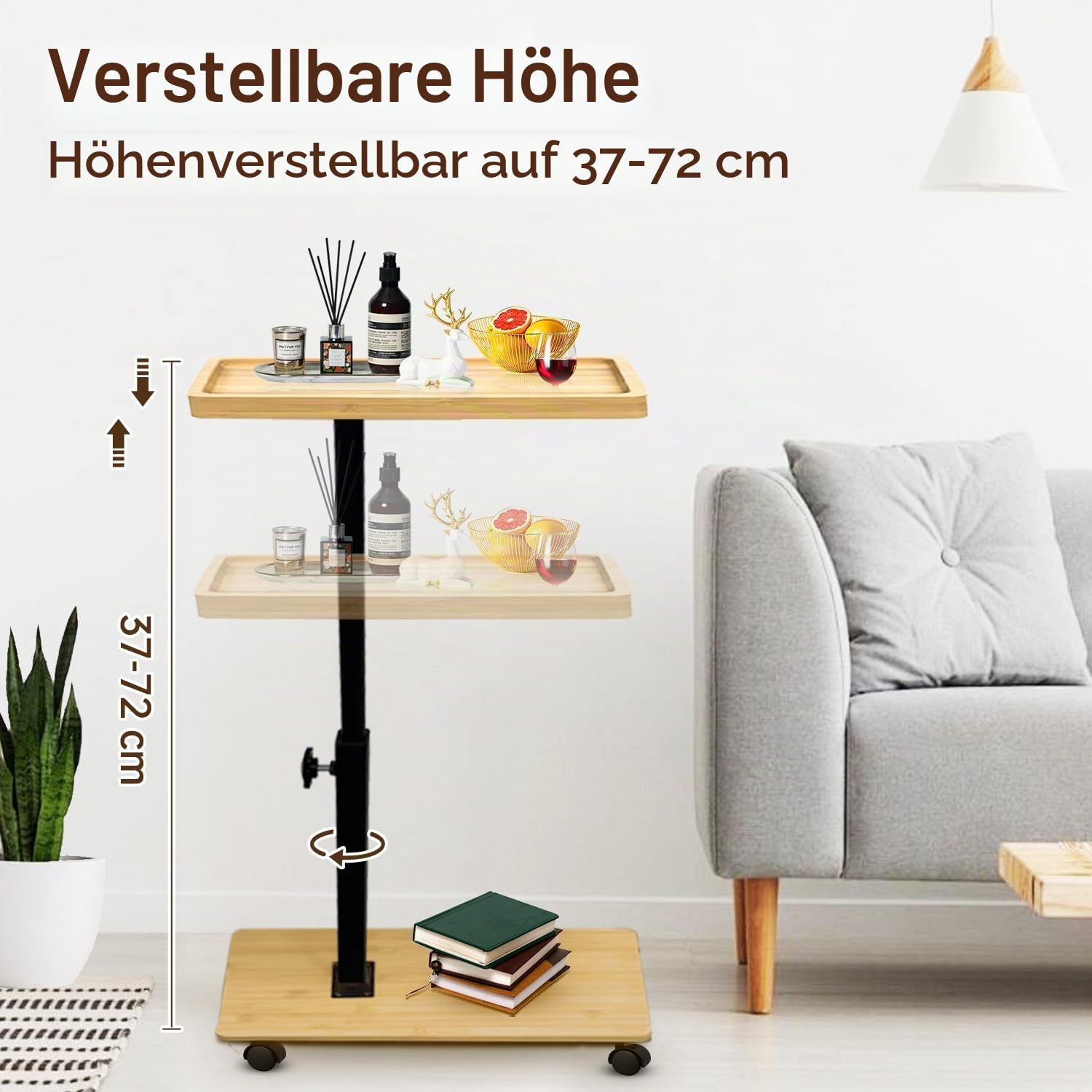 Beistelltisch C Form Bambus Metall Modern Höhenverstellbar mit Rollen, Tisch Klein Side Table Kaffeetisch Betttisch Sofatisch Couchtisch Nachttisch Pflegetisch für Wohnzimmer