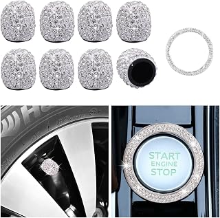 Ziciner 8 PCS Handmade Crystal Rhinestone Car Tire Valve Stem Cap, Sparkling Crystal Rhinestone, Dustproof Bling Car Accessories, with Start Stop Decoration Ring, Fit for SUV, Truck (White)