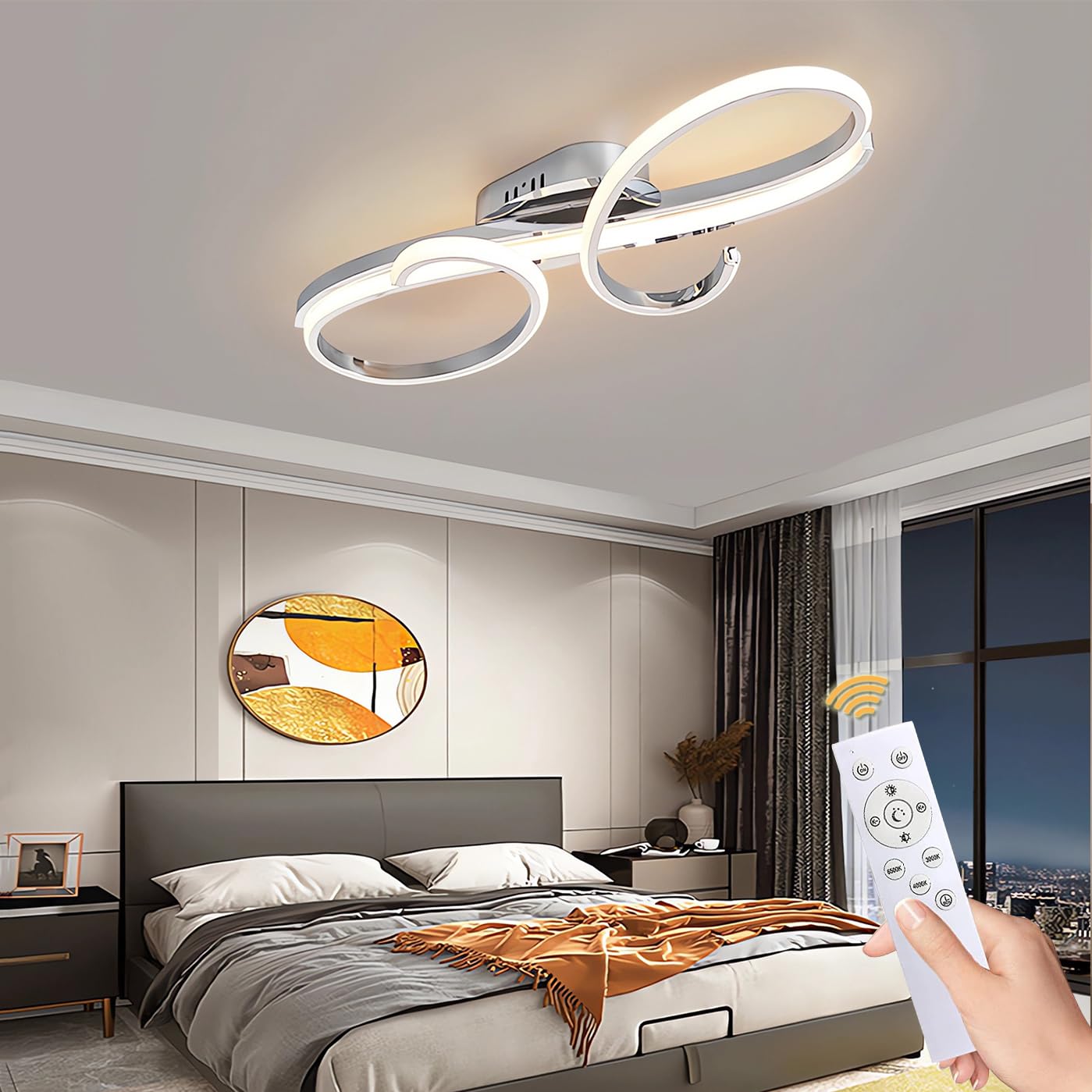 Dimmbar LED Deckenleuchte Moderne Wohnzimmerlampe mit Memory Funktion Deckenlampe Energiesparlampe Schlafzimmer Esszimmer Büro Beleuchtung mit Fernbedienung 3000-6000K (Chrom, L60cm-62W)