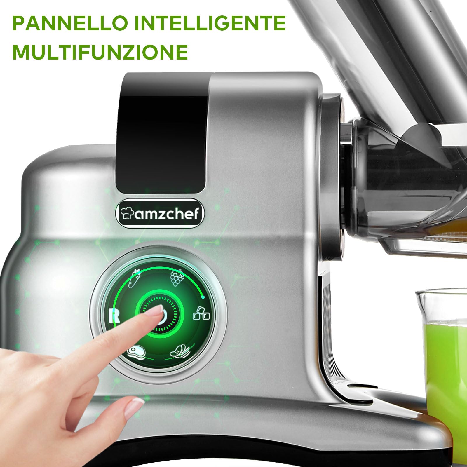 AMZCHEF Macchina 4-IN-1 | ①Estrattore / ②Grattugia Elettrica per Formaggio e Verdure / ③Tritacarne / ④Riempitrice per Salsicce | Argentori di Succhi con 80MM e Attacco Multifunzionale - Argento