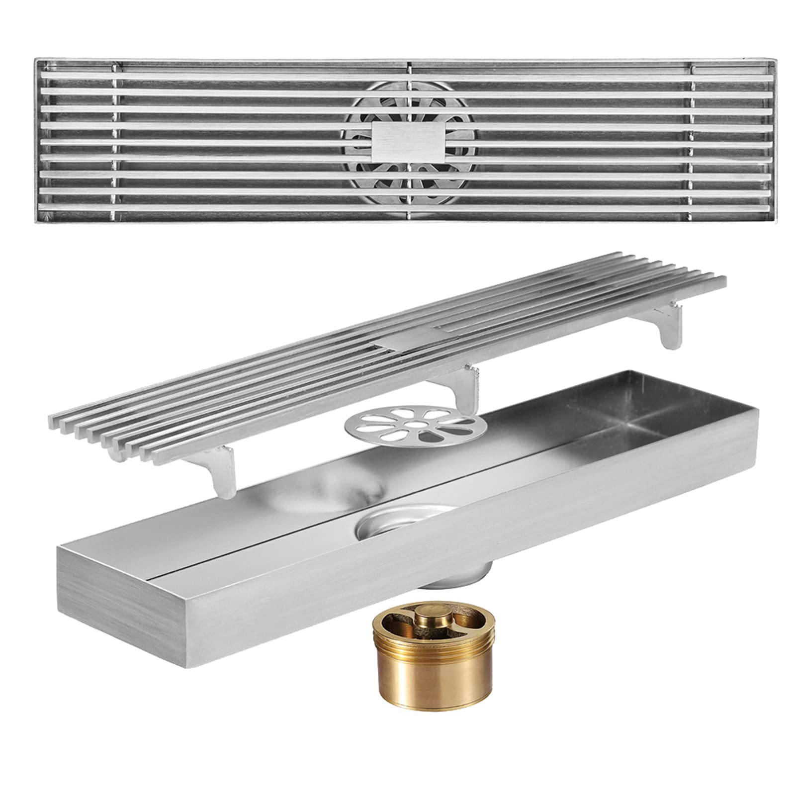 Scarico doccia lineare 30 cm, Scarico doccia con griglia rimovibile, Filtro per capelli, Scarico doccia rettangolare in acciaio inossidabile, Scarico a pavimento per bagno,Brushed nickel