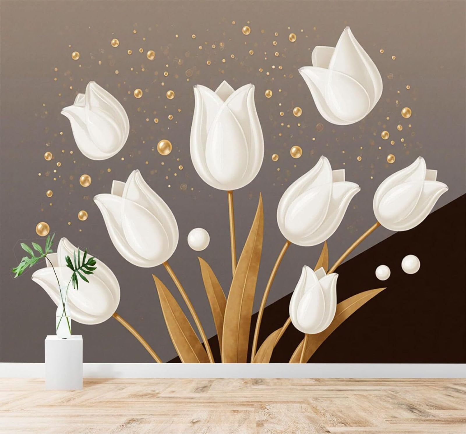 XLMING Beautiful White Tulips Golden Leaves Abstract Pearls 3D Wallpaper Premium Textured Silk Study Dining Living Room Bedroom Sofa TV Wall Easy Install-400cm×280cm
