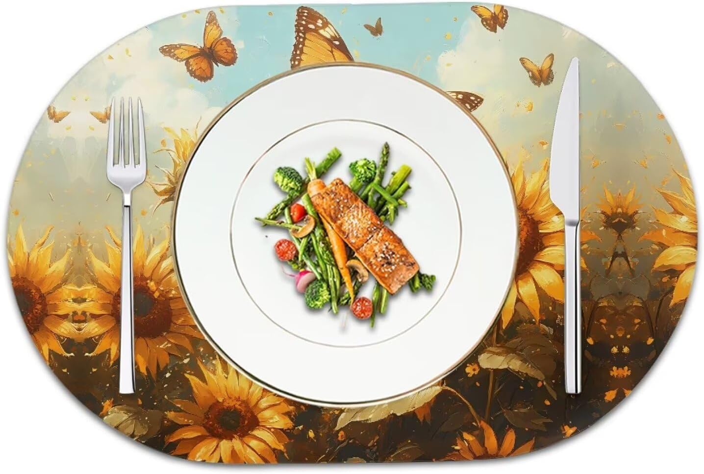 Leather Placemats Set of 6, Scratch Proof Thick Dining Table Place Mats Kitchen Heat Insulation Place Mats,Sunflower Butterfly