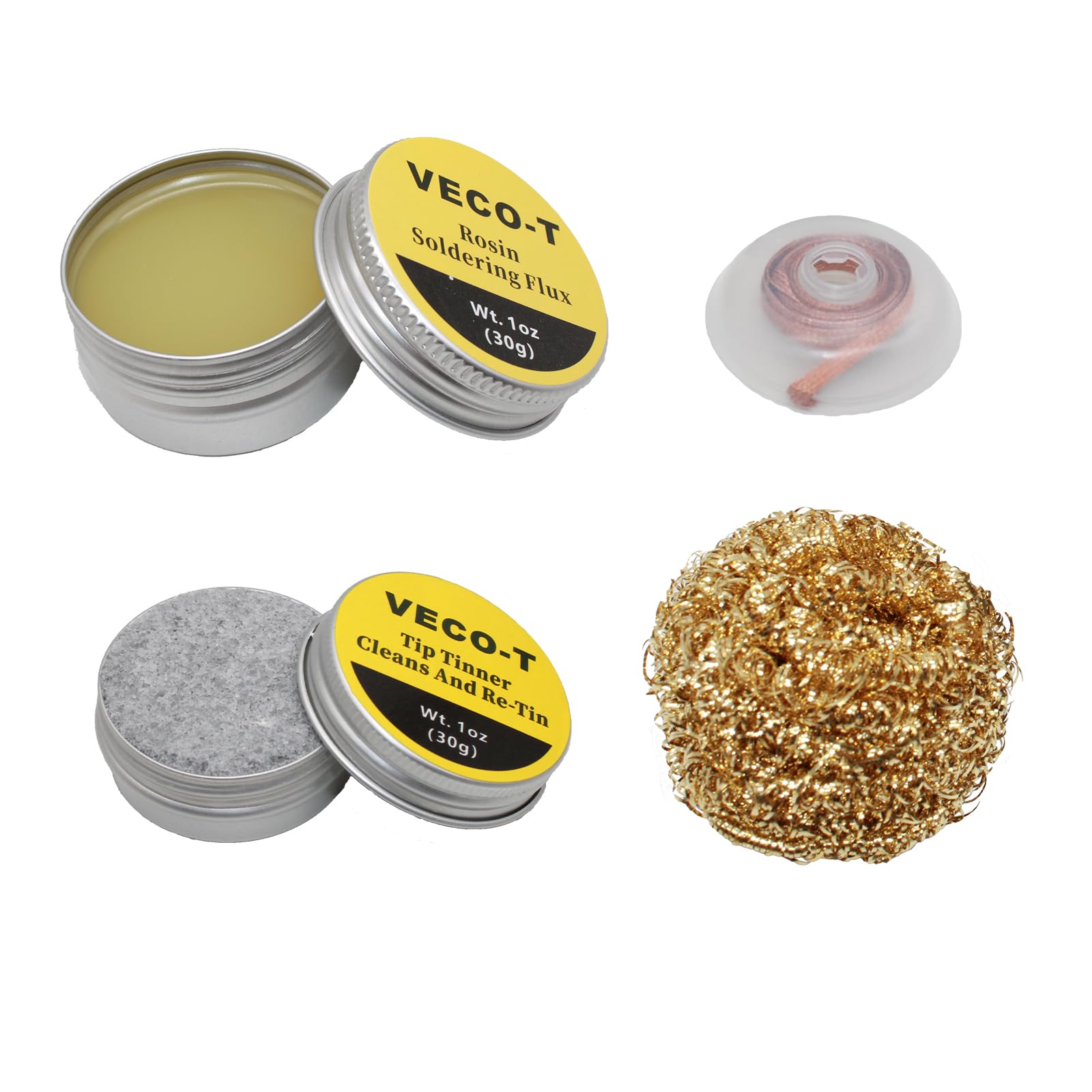 Soldering Iron Kit 4-in-1 with Desoldering Wick, Tip Tinner, Rosin Flux & Cleaner Ball - Professional Welding Accessories