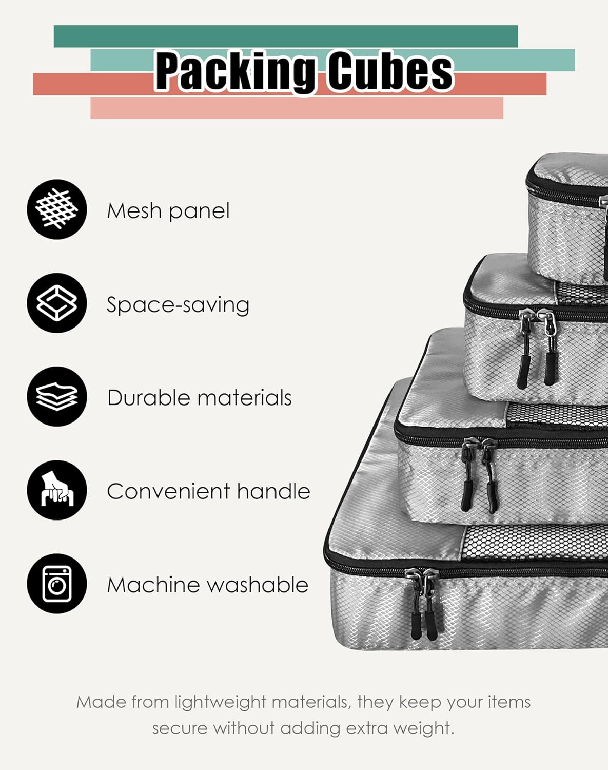 4-Piece Packing Cubes Travel Accessories Set for Suitcases - Luggage Organizer Bags with Double Zipper - Mesh Top - Small/Medium/Large/Slim - Grey - Image 2