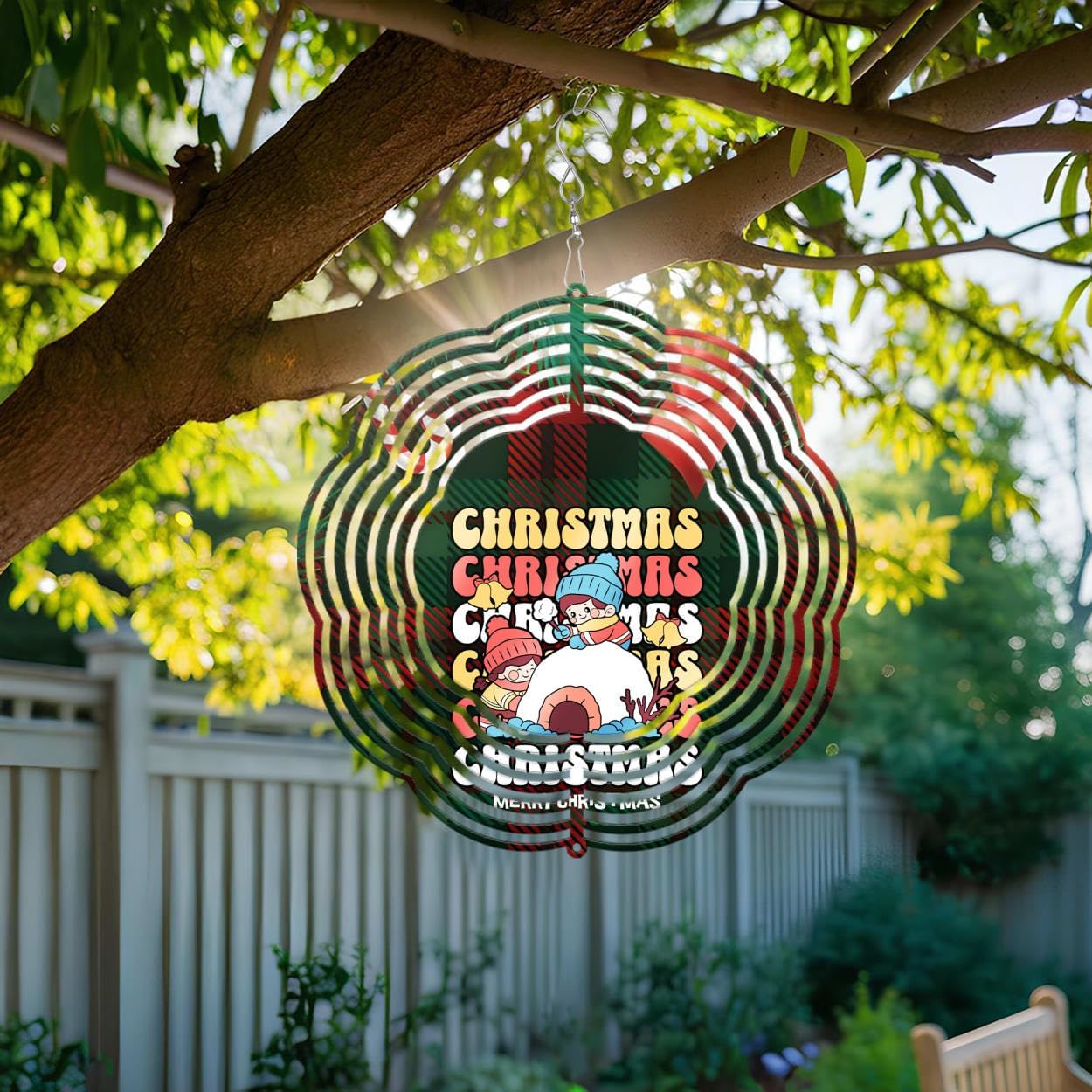 Green Red Plaid Merry Christmas Wind Spinners 3D Stainless Steel Laser Cut Metal Double Sided Printing-Hanging Indoor/Outdoor Decorations Yard Gardening Decor,Metal Kinetic Art 16x16 inches