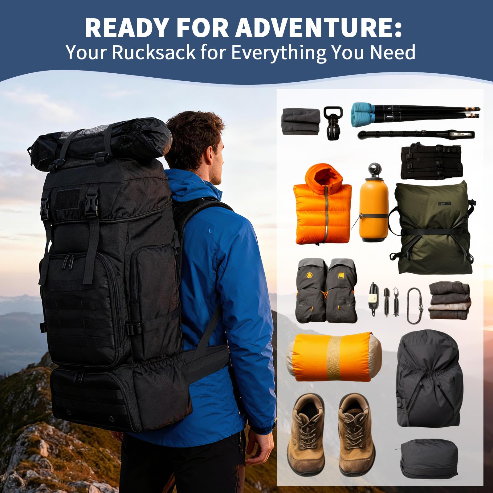 80L Wandern Camping Rucksack, Wasserdichter Großer Outdoor Sport Reise Daypack Molle für Männer Frauen