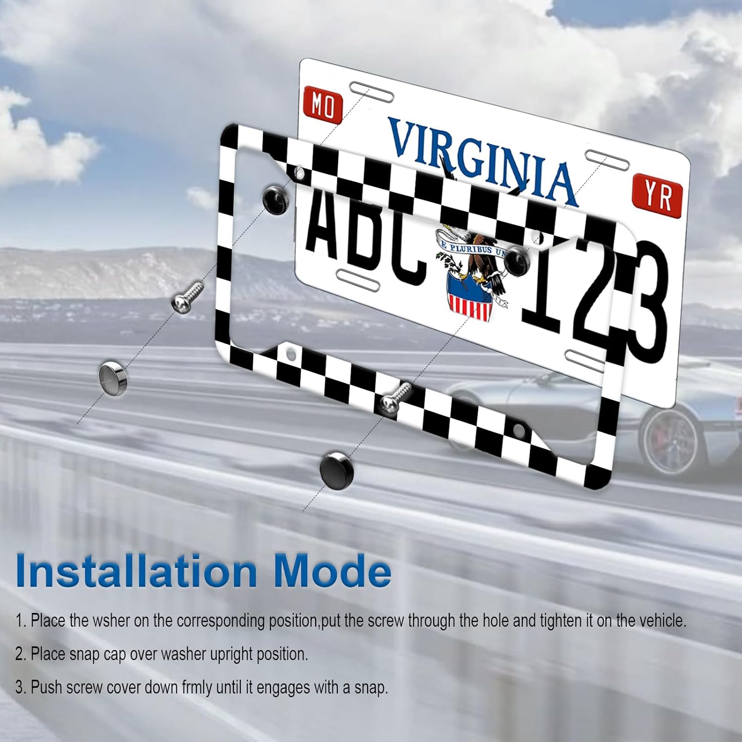 Black and White Checkered License Plate Frame Race Flag Aluminum License Plate Holder Car Tags Decorative Car Accessories with Screws for Women Men Fit Standard Us Canada Vehicles 12.3x6.3 inch - Image 2