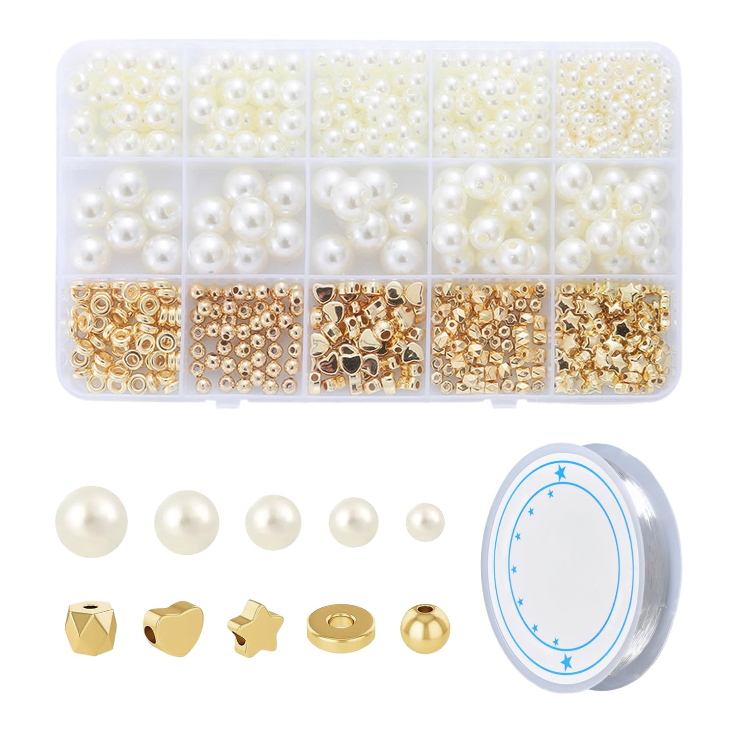 CYNOSURETECH 1 Box Of Imitation Pearl Jewelry And 1 Roll Of Beading Thread, Beading Elastic Thread, Diy Jewelry Materials, Can Be Used To Make Necklaces, Bracelets, And Hair Accessories