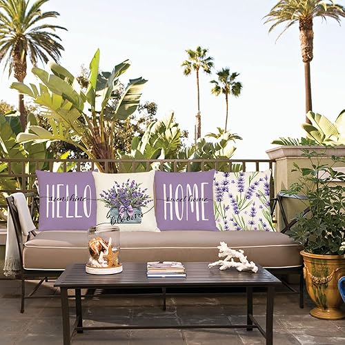 Miniatura 6 de Juego de 4 fundas de almohada de lavanda de 18 x 18 pulgadas, fundas de almohada de flores moradas, fundas de almohada cuadradas de algodón y lino