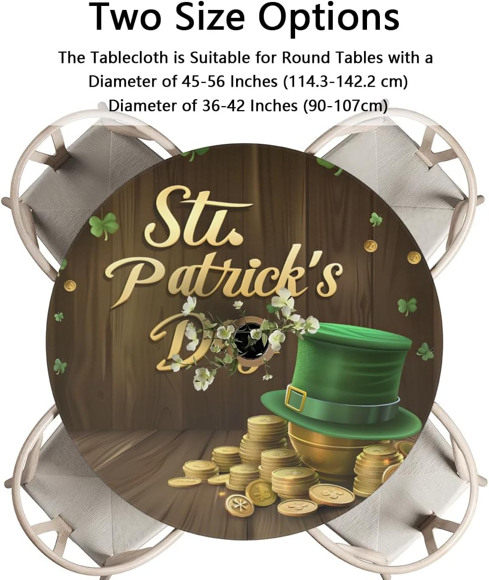 Round Tablecloth St. Patrick's Day Lucky Shamrock Hat 45"-50" Fitted Elastic Table Cloth for Round Tables Waterproof Wipeable Table Covers Protector for Kitchen Dining Party,JR12-10