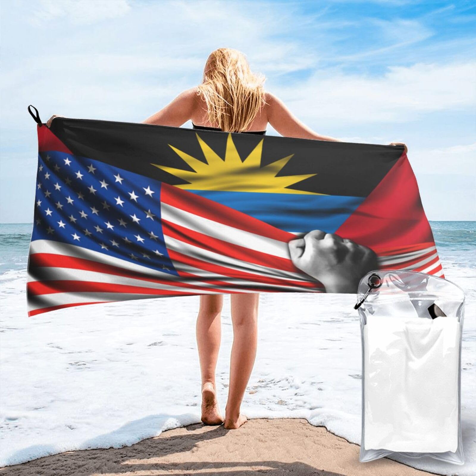 HACXZ Beach Towel America Flag and Antigua and Barbuda Roots Flag Microfiber Beach Towel Lightweight Absorbent 27.5"X55"