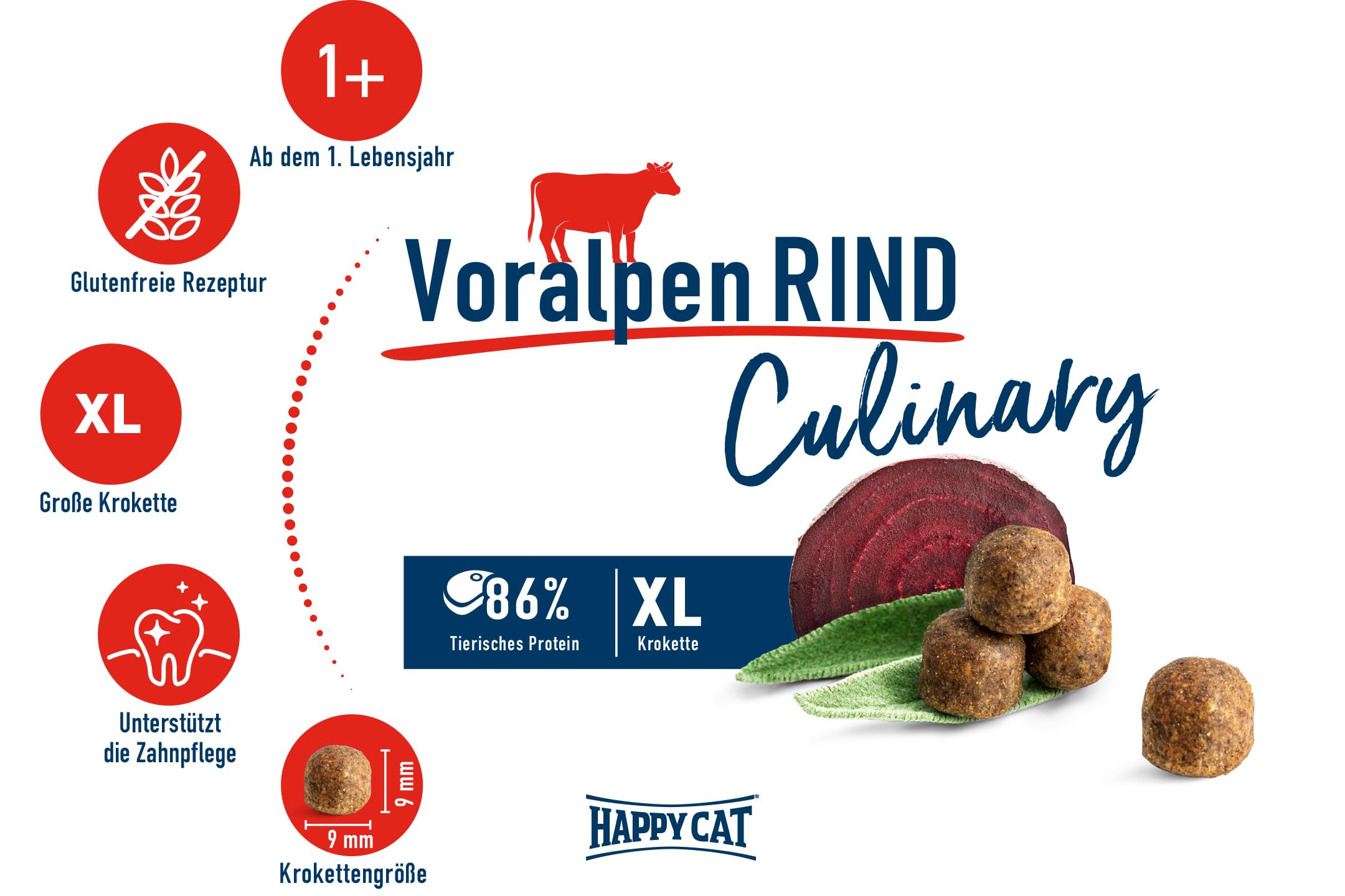 Happy Cat 70558 - Culinary Adult Voralpen Rind - Katzen-Trockenfutter für ausgewachsene Katzen und Kater - 1,3 kg Inhalt