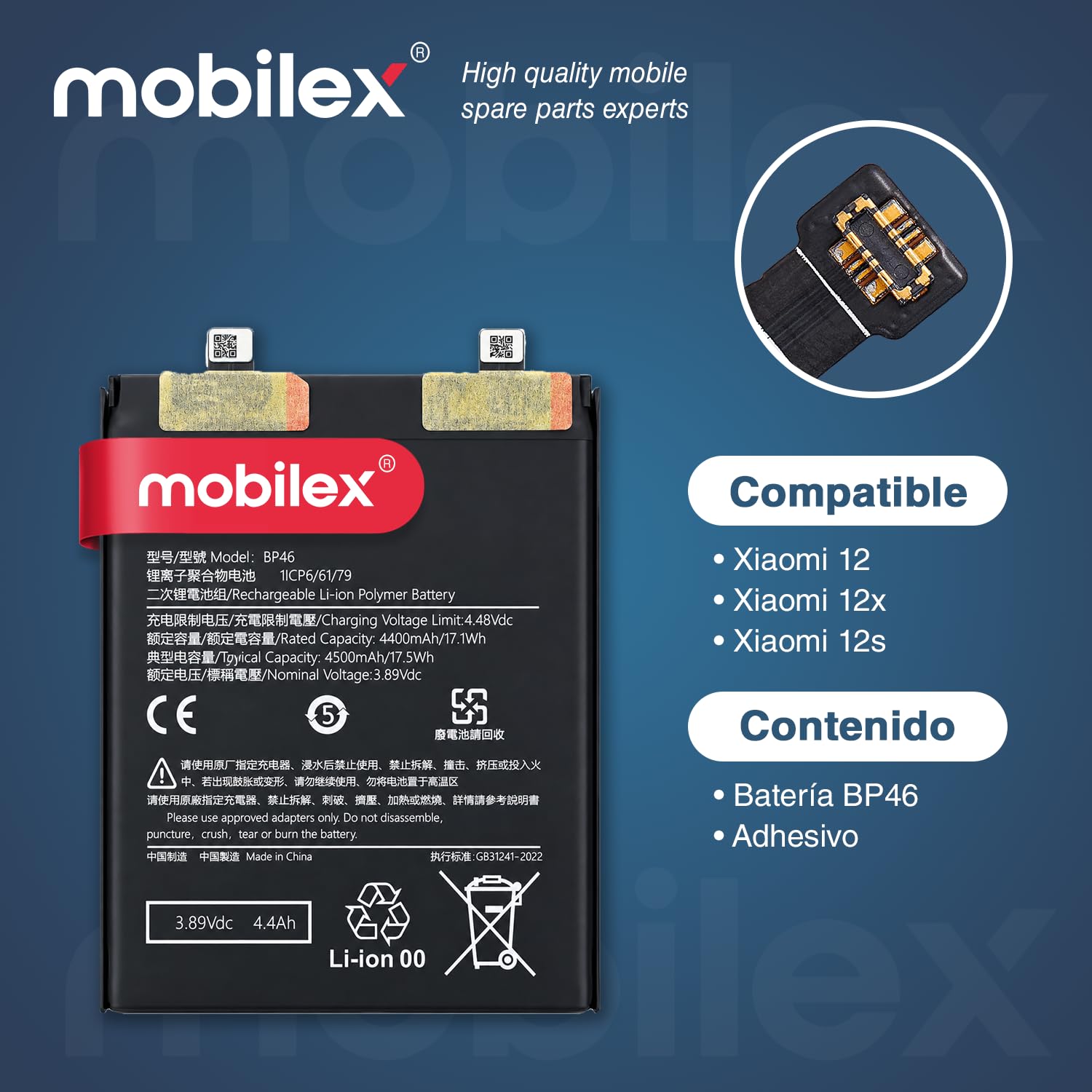 MOBILEX® Batería BP46 para Xiaomi 12 / 12X / 12S | Carga Rápida 67W Turbo | 4500mAh - OEM | Repuesto Interno con Adhesivo | Capacidad Original