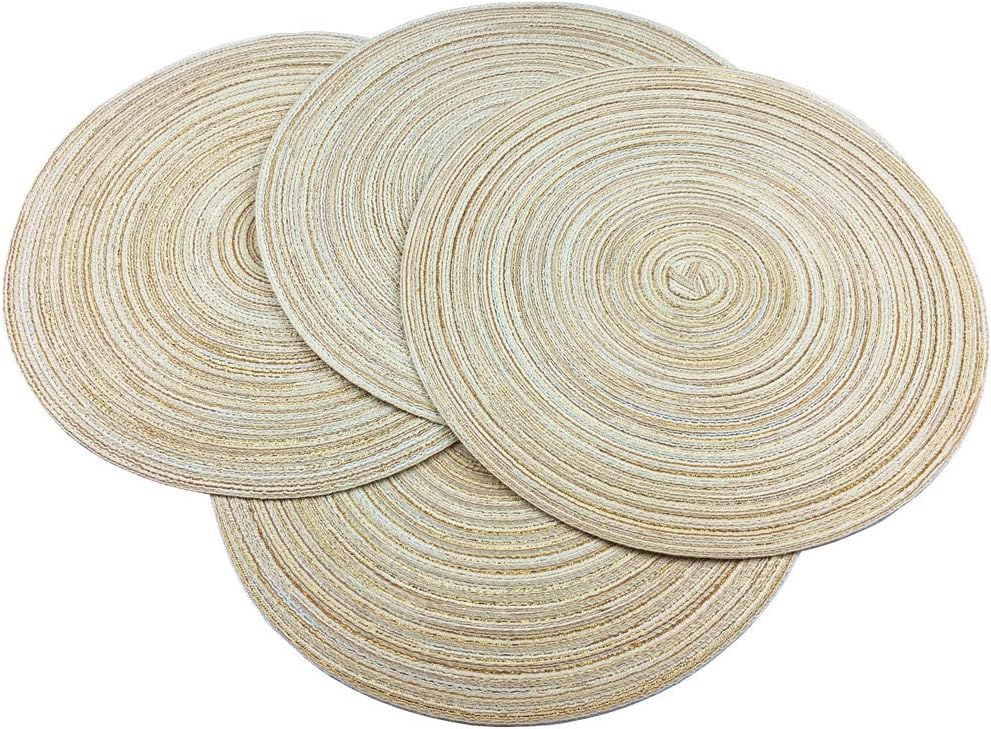 Red-A，Placemats,Round Placemats for Dining Table Set of 4 Woven Heat Resistant Non-Slip Kitchen Table Mats Diameter 14 Inch(Cream with Golden Silk)