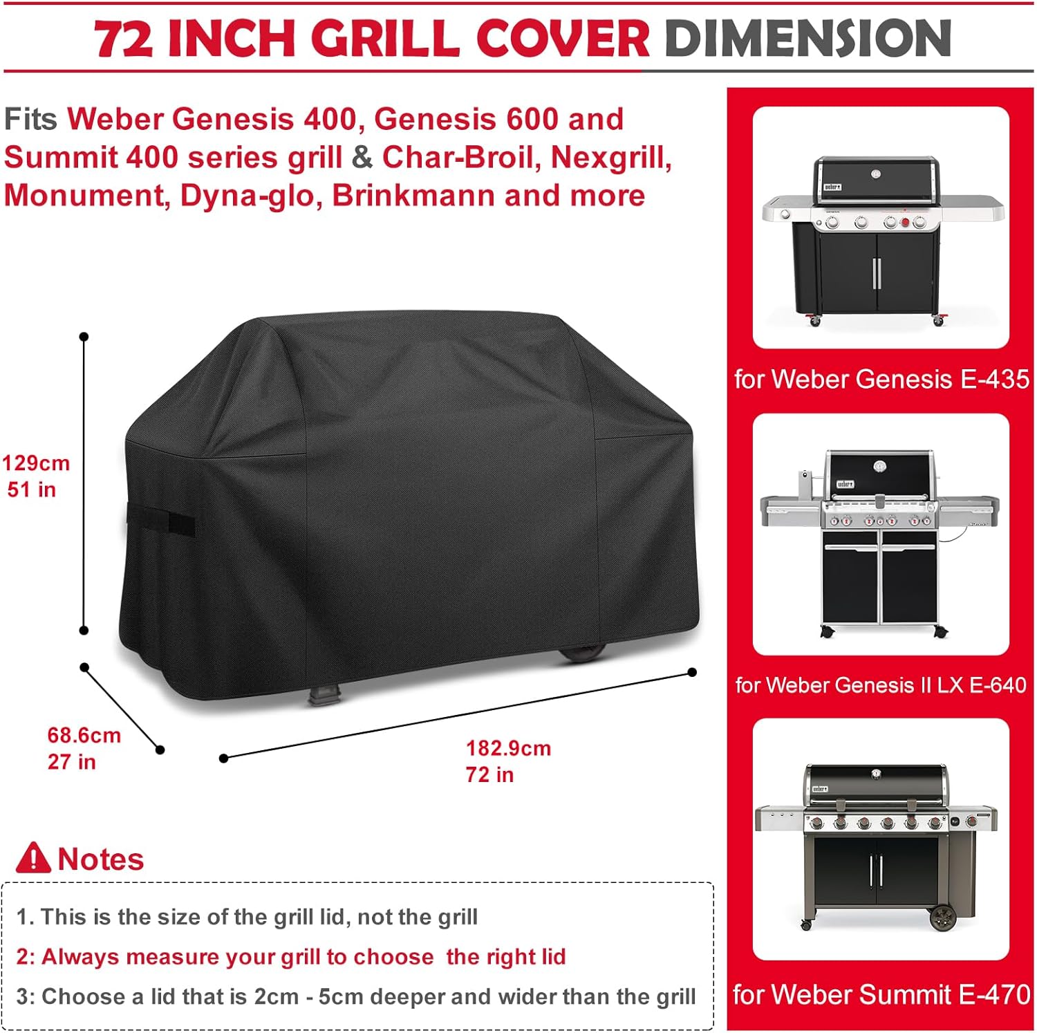 Grill Cover,72 inch Heavy Duty Grill Cover for Outdoor Grill,600D Waterproof Anti-UV Fade-Resistant Barbecue Gas Cover with Adjustable Straps for Weber,Genesis,Charbroil and More Grills - Image 3