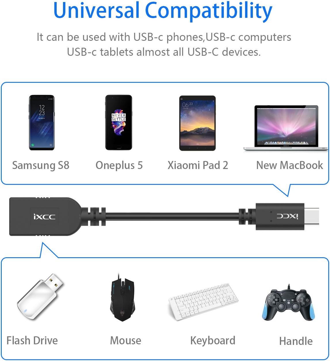 [2Pack] iXCC USB Type C to USB 3.0 Type A Adapter, Charge and Sync Cable, On The Go (OTG Host Cable) for Type-C Supported Devices (6 Inch)