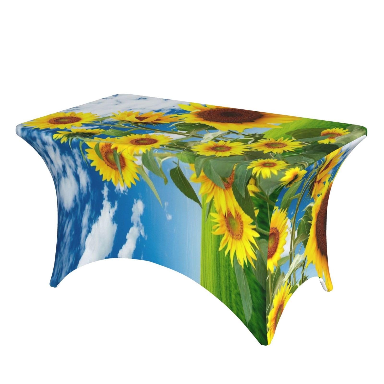 Dcehgew Sunflowers Butterfly 4Ft Spandex Rectangular Table Cloth, Printed Fitted Elastic Tablecloths Washable Table Cover For Event, Wedding, Banquet & Party