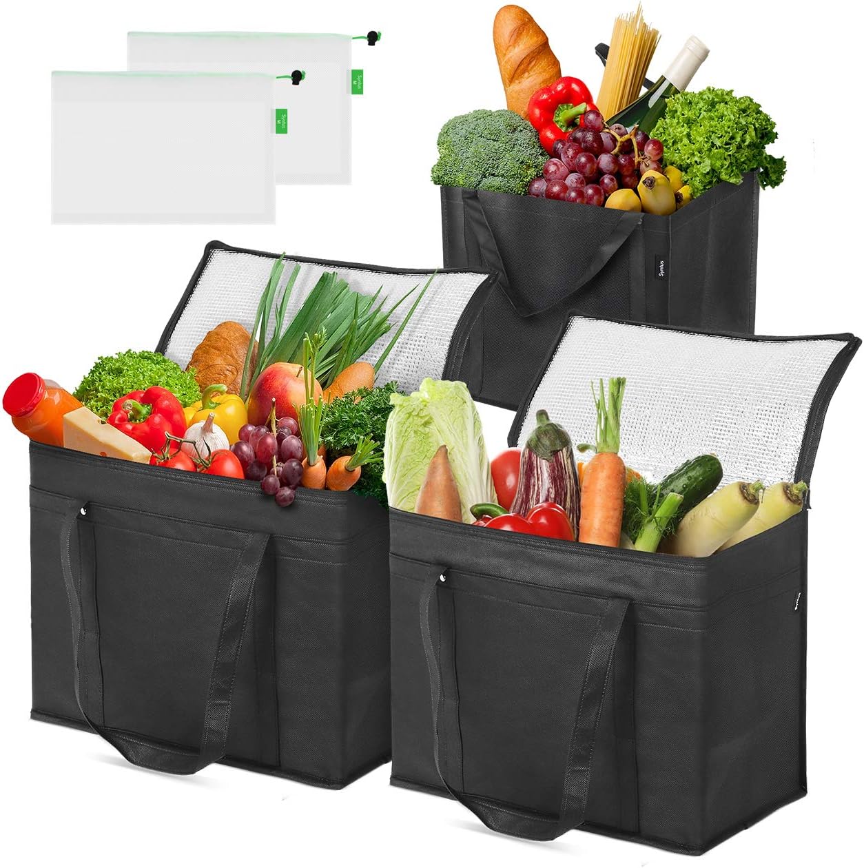 Syntus 5 Set Insulated Reusable Grocery bags – 2 Pack XL Insulated Grocery Cooler Bags with Sturdy Zipper, Collapsible, Stands Upright, 1 Shopping Tote Bags and 2 Mesh Produce Bags for Food Delivery