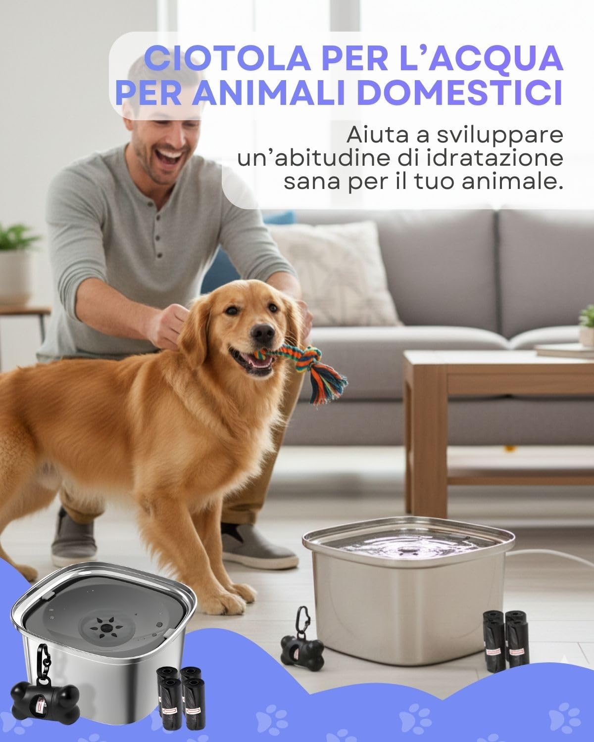 Ciotola per Cani - Capacità 3L - Recipiente Antigoccia Antischizzo Antiribaltamento - Accessorio Animali Base Antiscivolo - Ciotola Acqua Cane - Dispenser Con 4 Sacchetti Inclusi