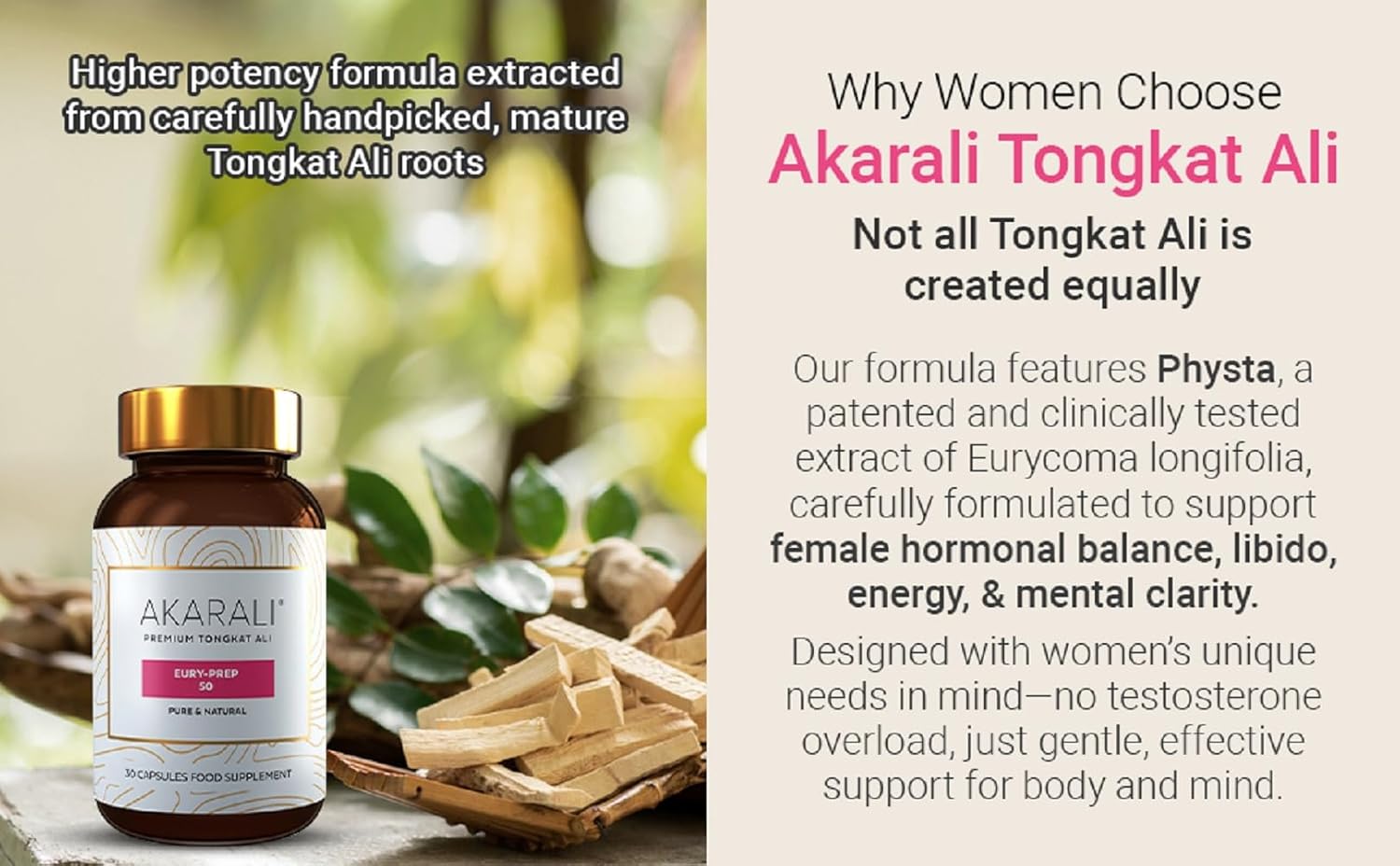 AKARALI Tongkat Ali for Women, with PHYSTA US Patented Tongkat Ali, Highly Concentrated, specifically dosed for Women, Supports Female Hormone Balance & Healthy Testosterone Levels