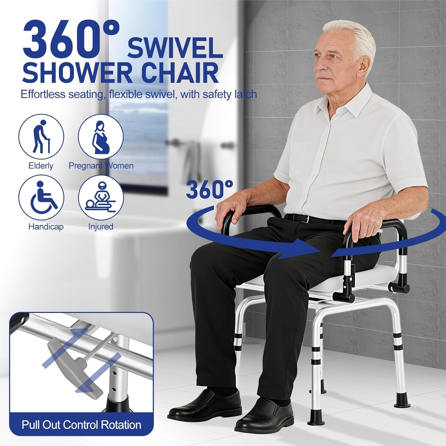 SPECILITE 360° Swivel Shower Chair, 660 LBS Adjustable Height Shower Chair with Pivoting Arms for Inside Showers or Tubs, Non-Slip Bathtub Seat with Back for Elderly, Injured, Handicap, The Pregnant